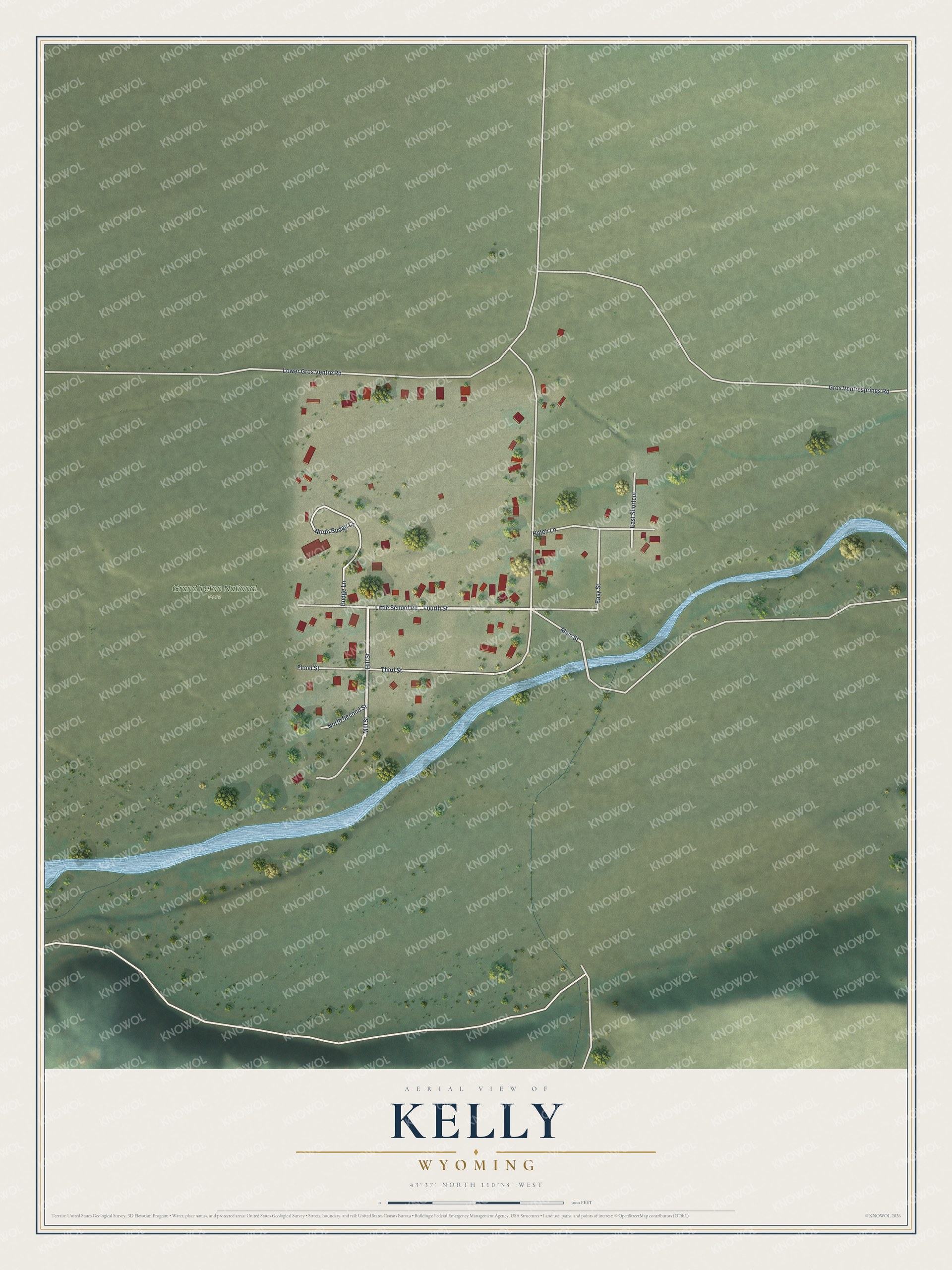 Full map of Kelly, Wyoming, with red buildings, printed street names and the land around them