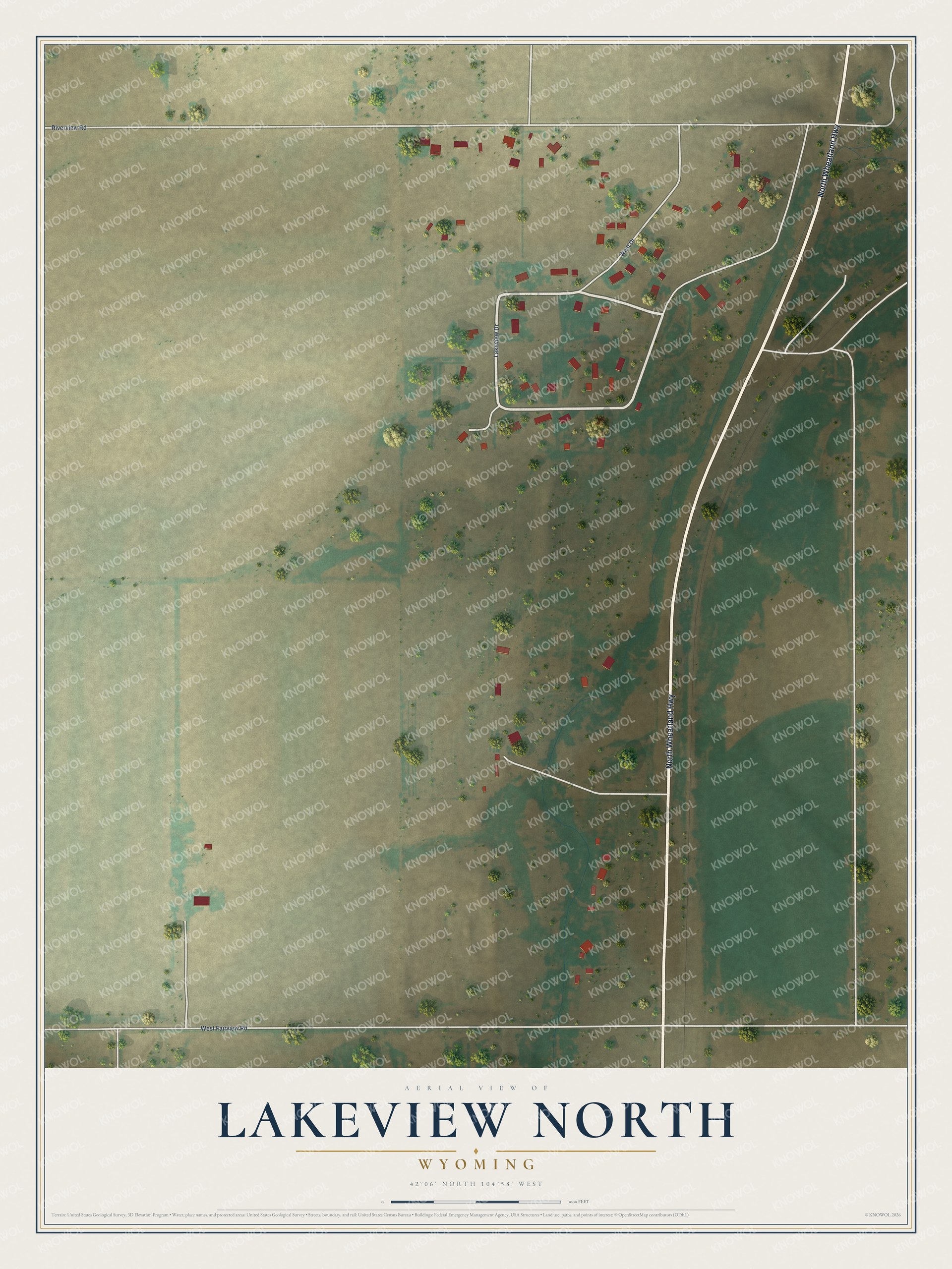 Full map of Lakeview North, Wyoming, with red buildings, printed street names and the land around them
