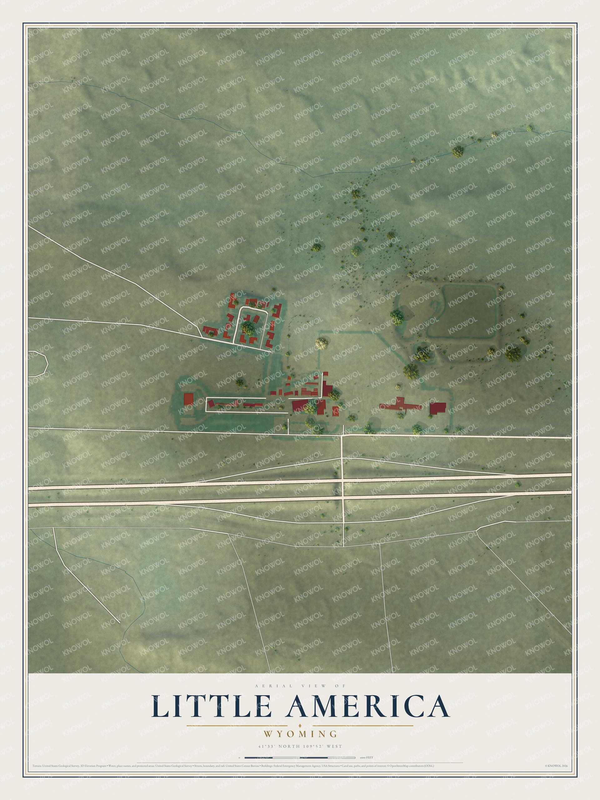 Full map of Little America, Wyoming, with red buildings, printed street names and the land around them