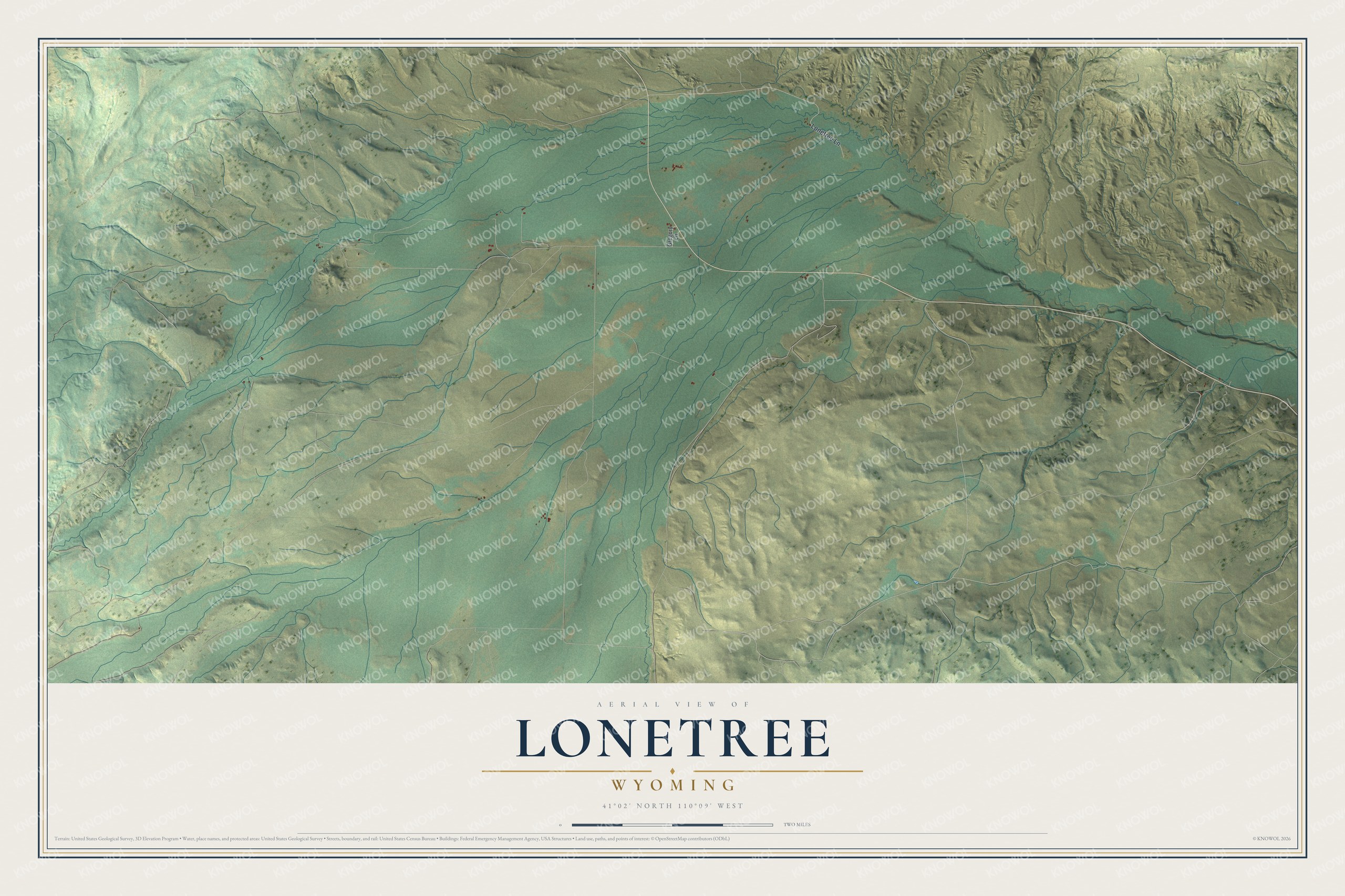 Full map of Lonetree, Wyoming, with red buildings, printed street names and the land around them