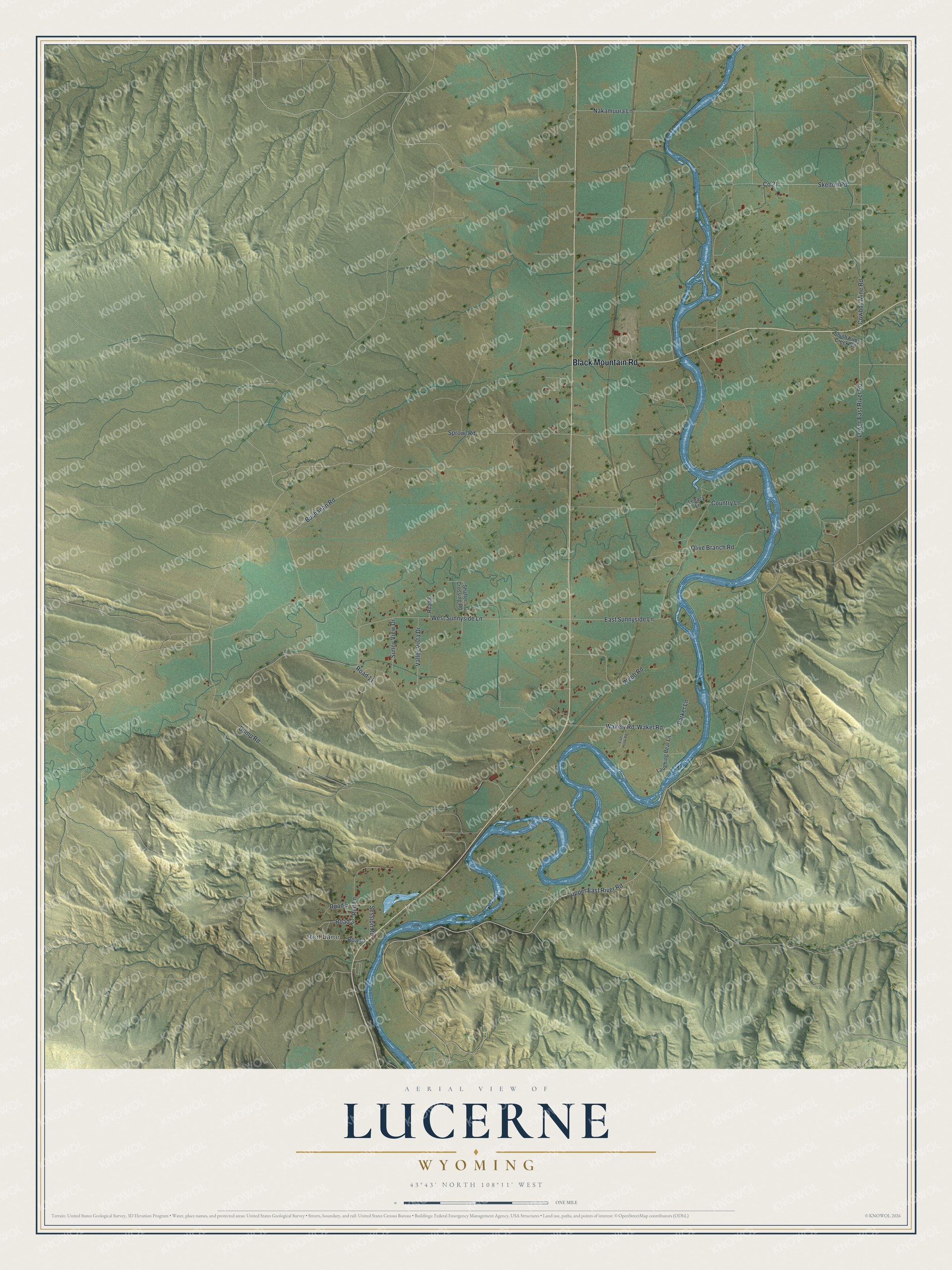 Full map of Lucerne, Wyoming, with red buildings, printed street names and the land around them