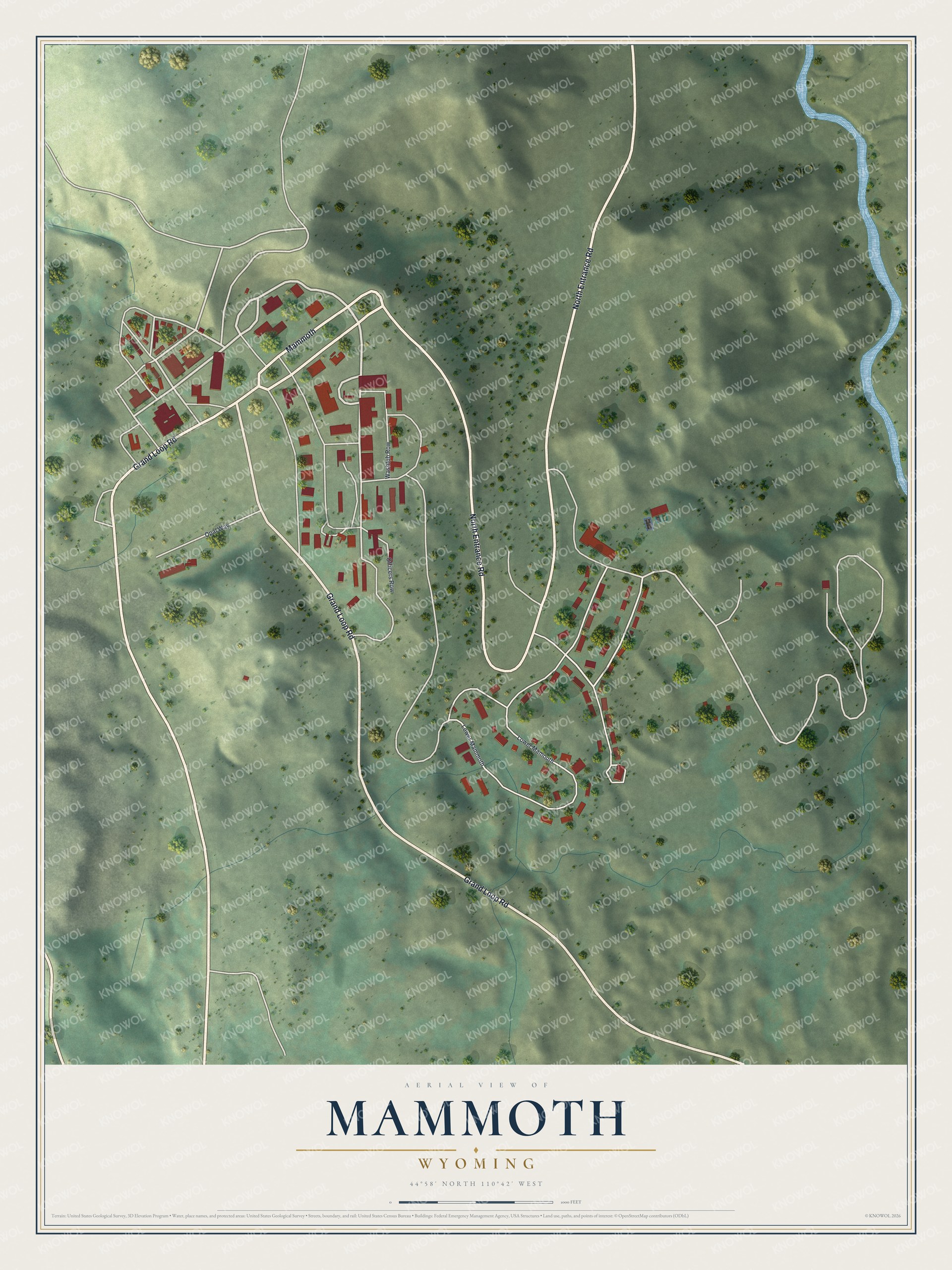 Full map of Mammoth, Wyoming, with red buildings, printed street names and the land around them