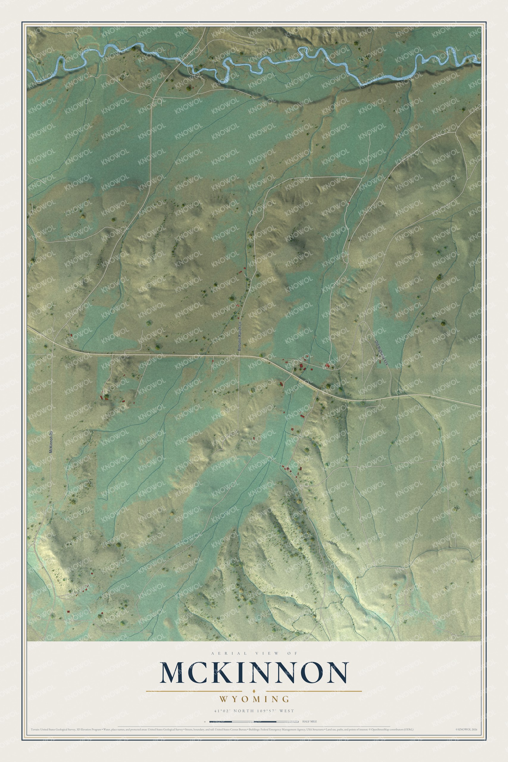 Full map of McKinnon, Wyoming, with red buildings, printed street names and the land around them