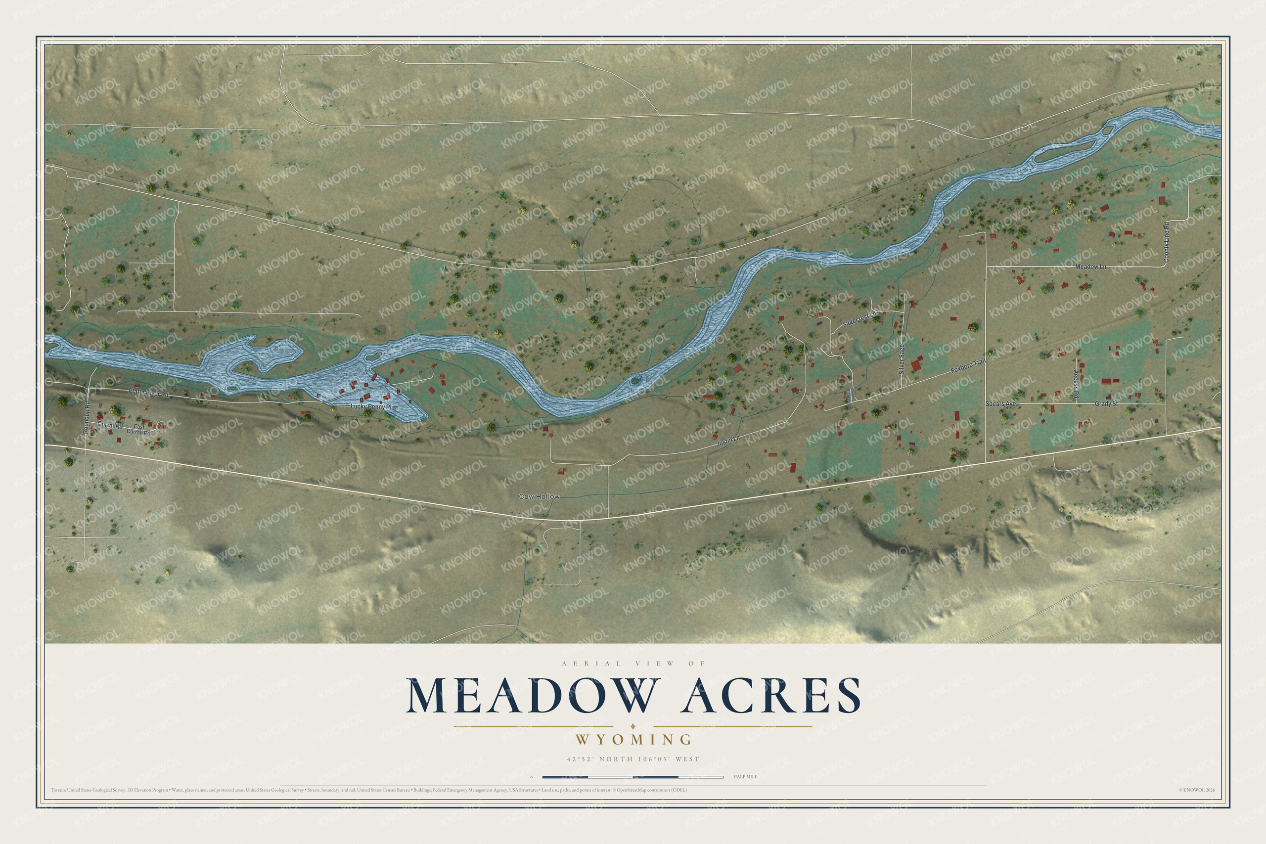 Full map of Meadow Acres, Wyoming, with red buildings, printed street names and the land around them