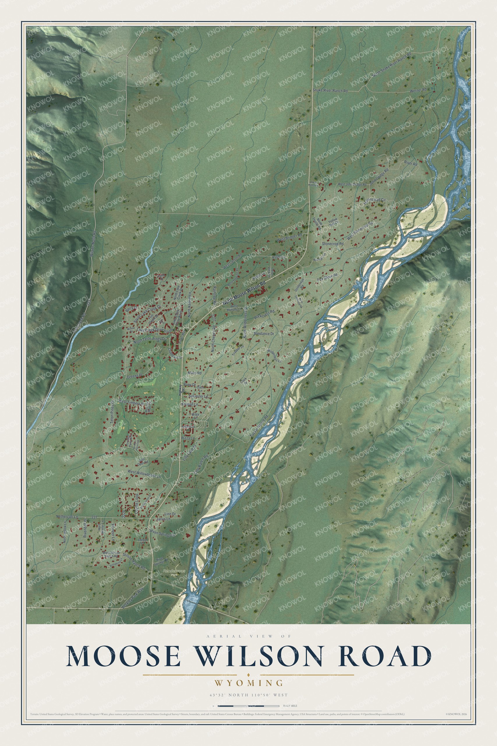 Full map of Moose Wilson Road, Wyoming, with red buildings, printed street names and the land around them