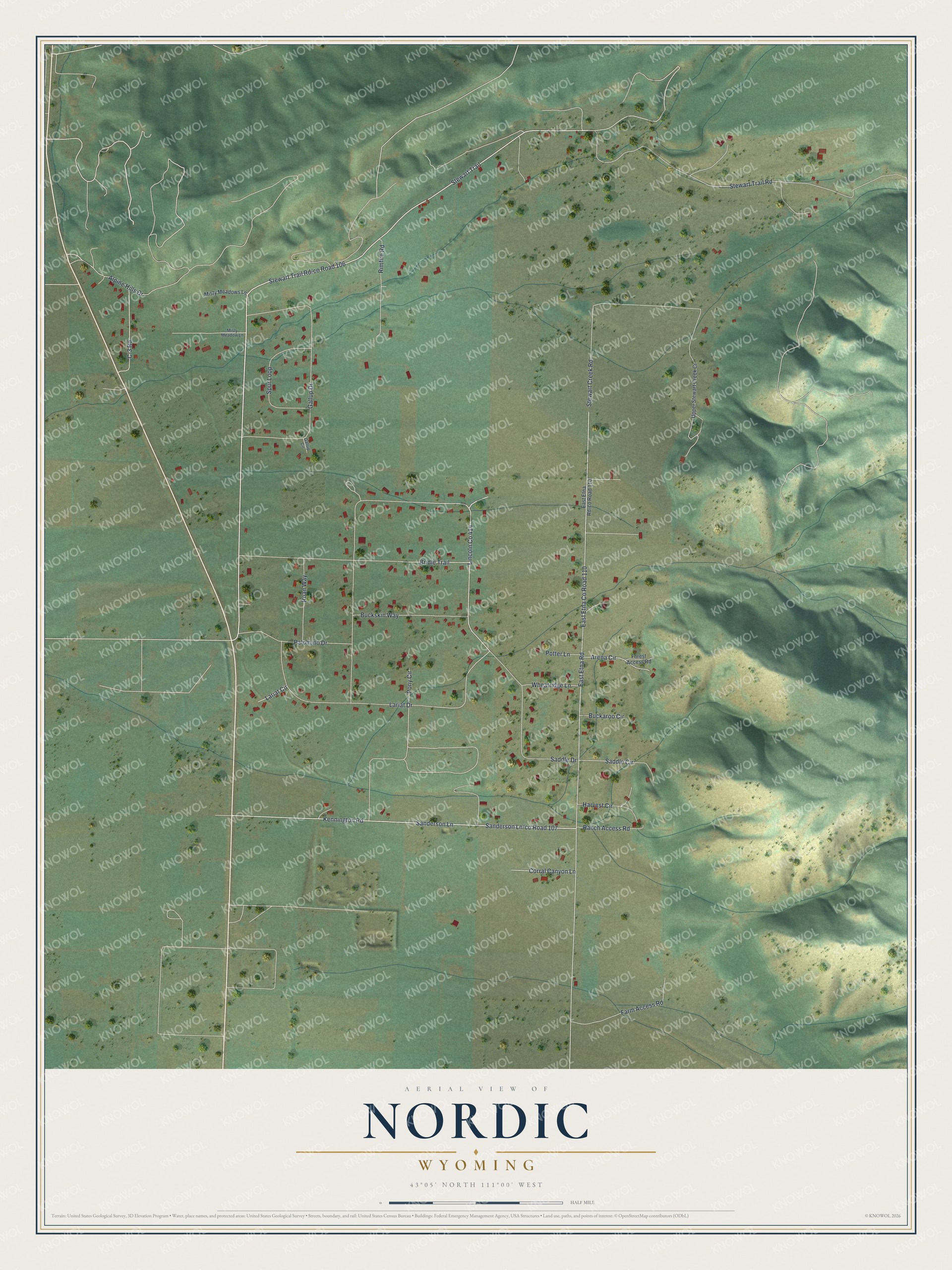 Full map of Nordic, Wyoming, with red buildings, printed street names and the land around them