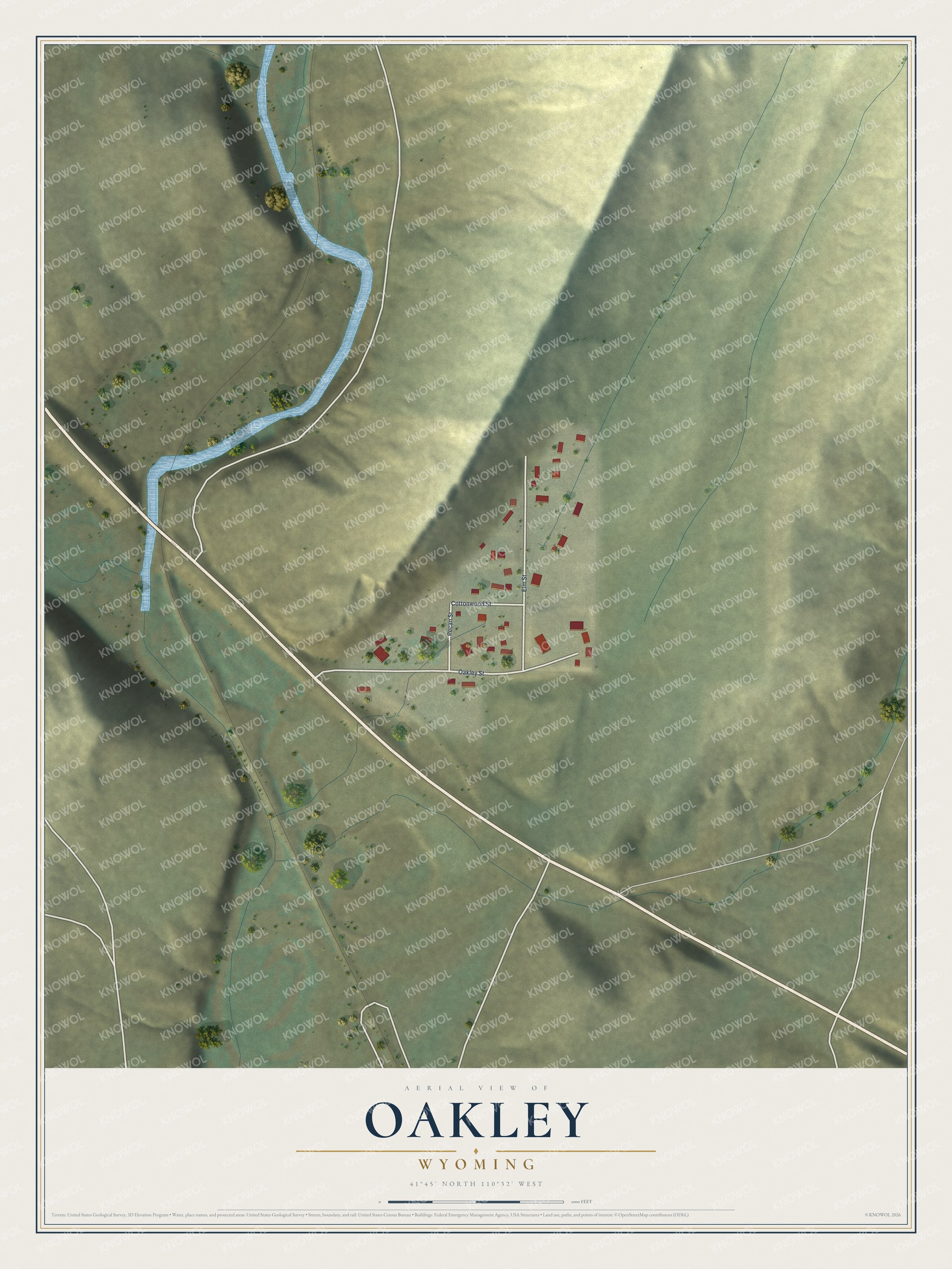 Full map of Oakley, Wyoming, with red buildings, printed street names and the land around them