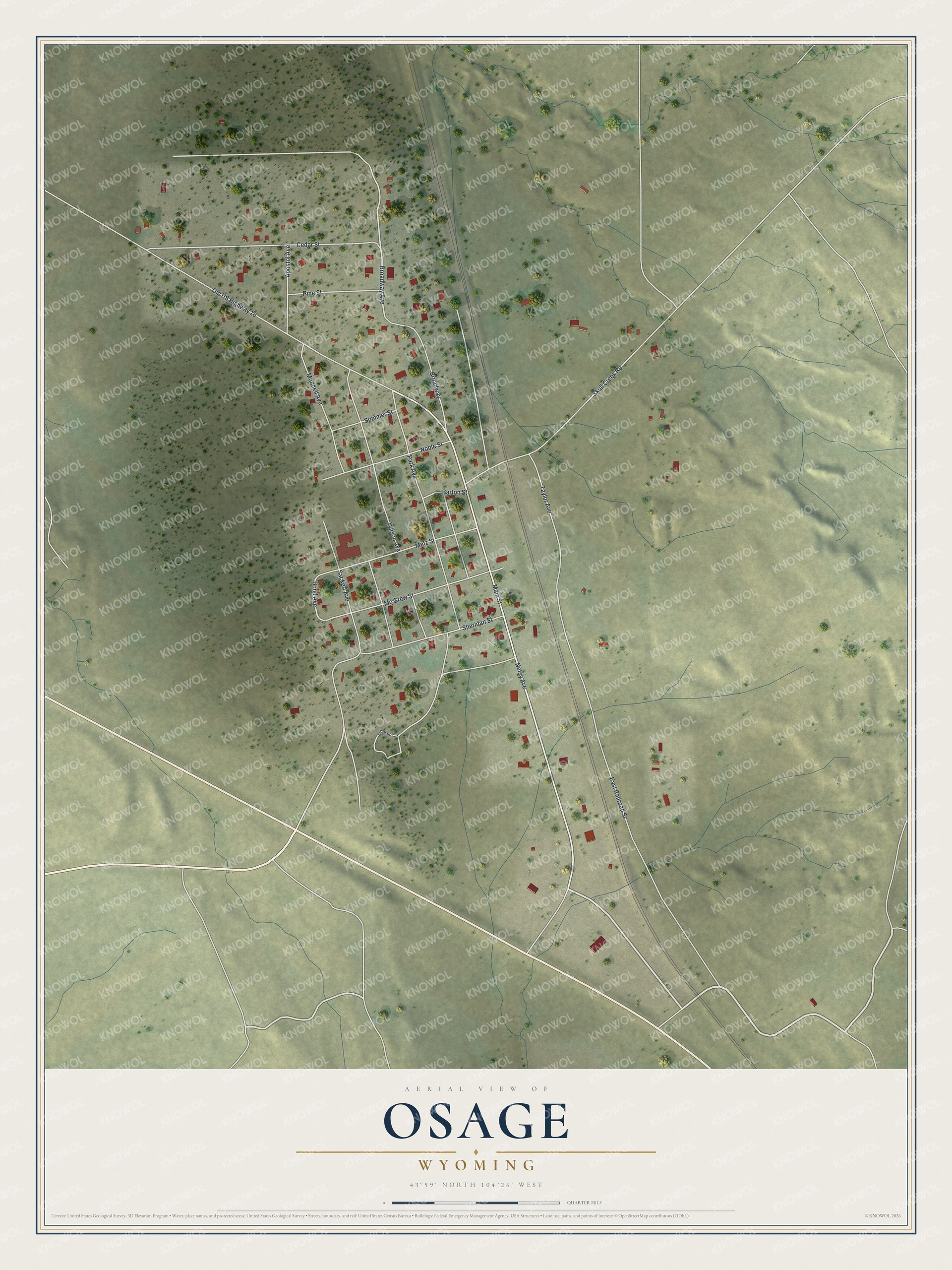 Full map of Osage, Wyoming, with red buildings, printed street names and the land around them
