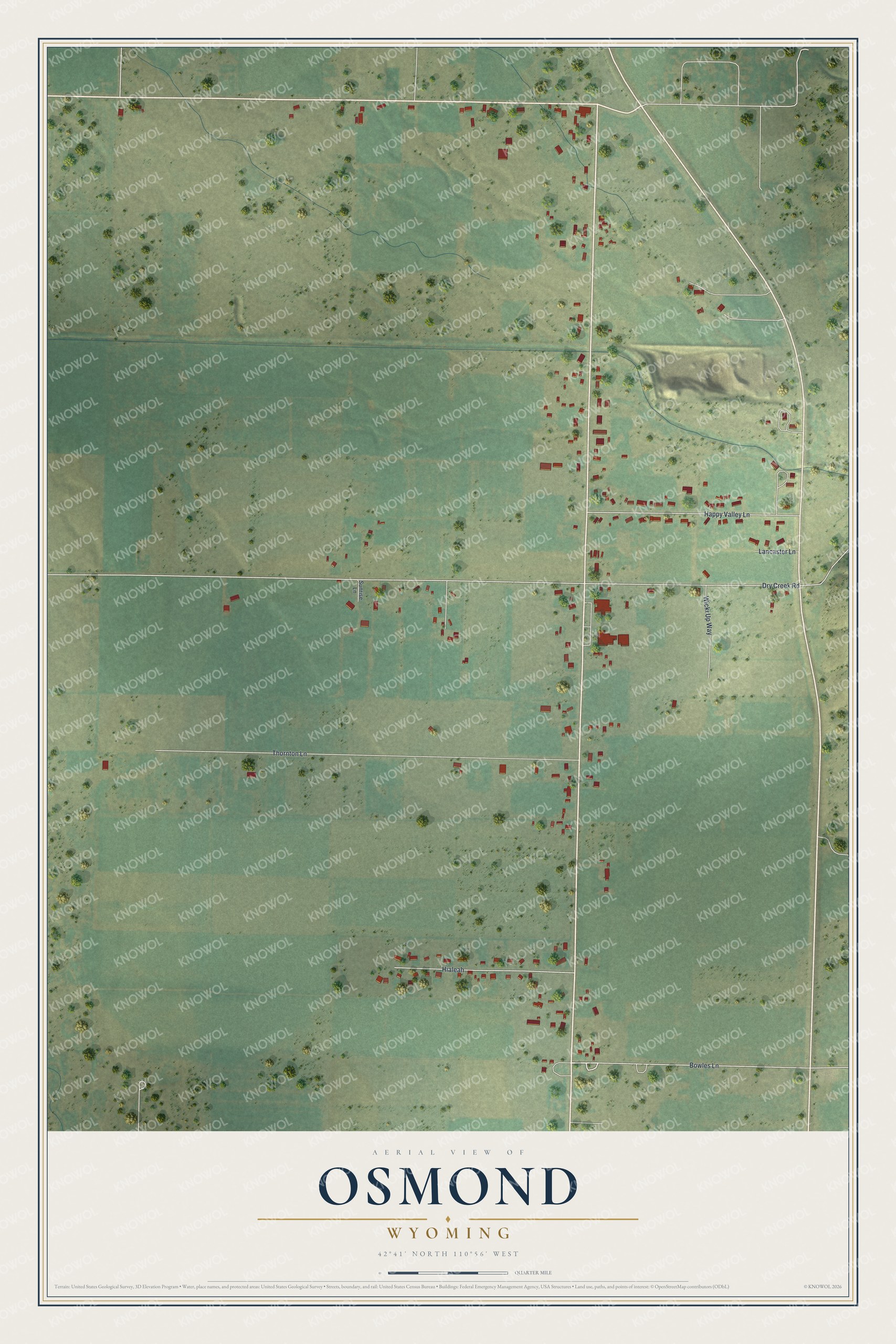 Full map of Osmond, Wyoming, with red buildings, printed street names and the land around them