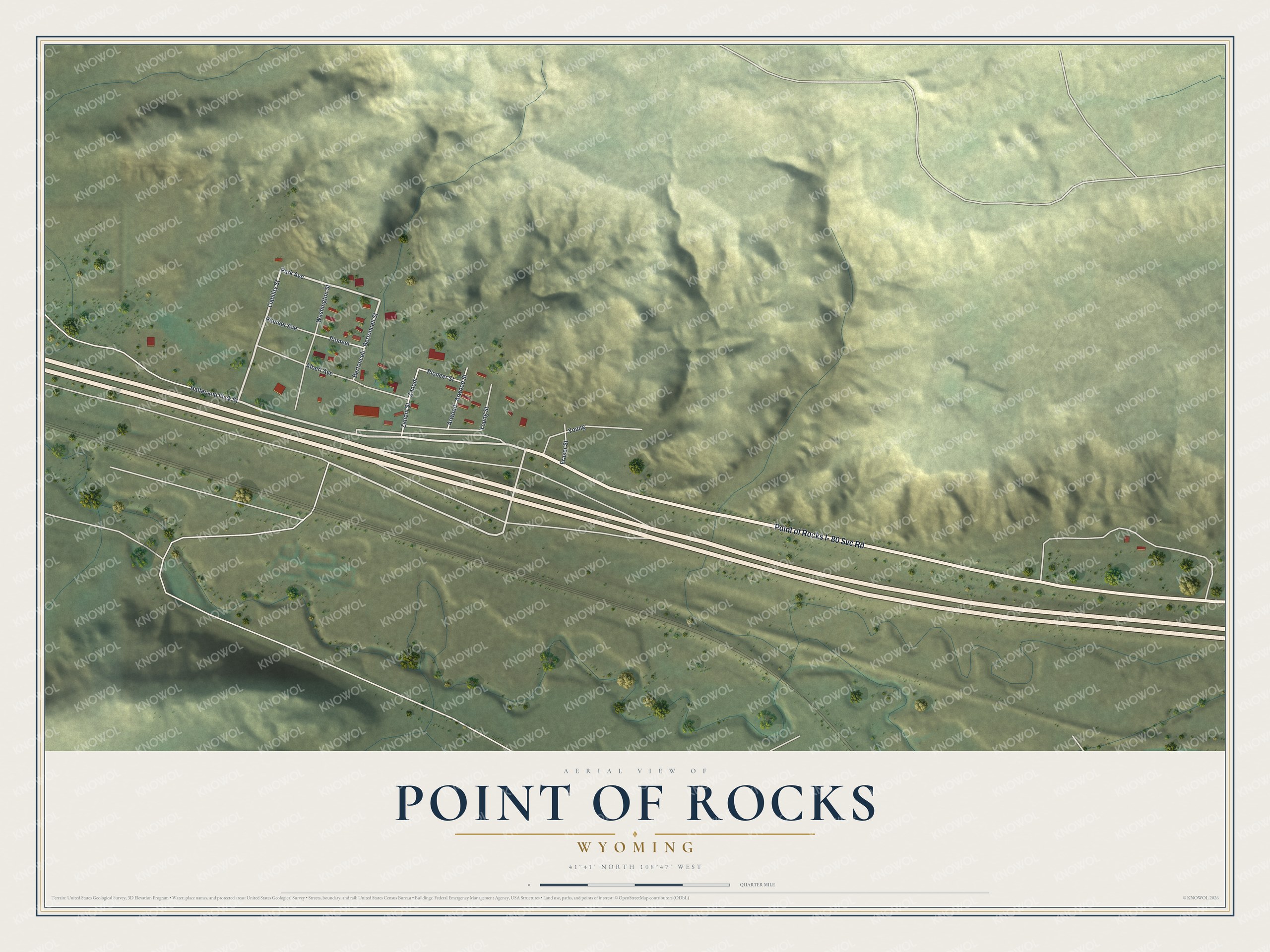 Full map of Point of Rocks, Wyoming, with red buildings, printed street names and the land around them