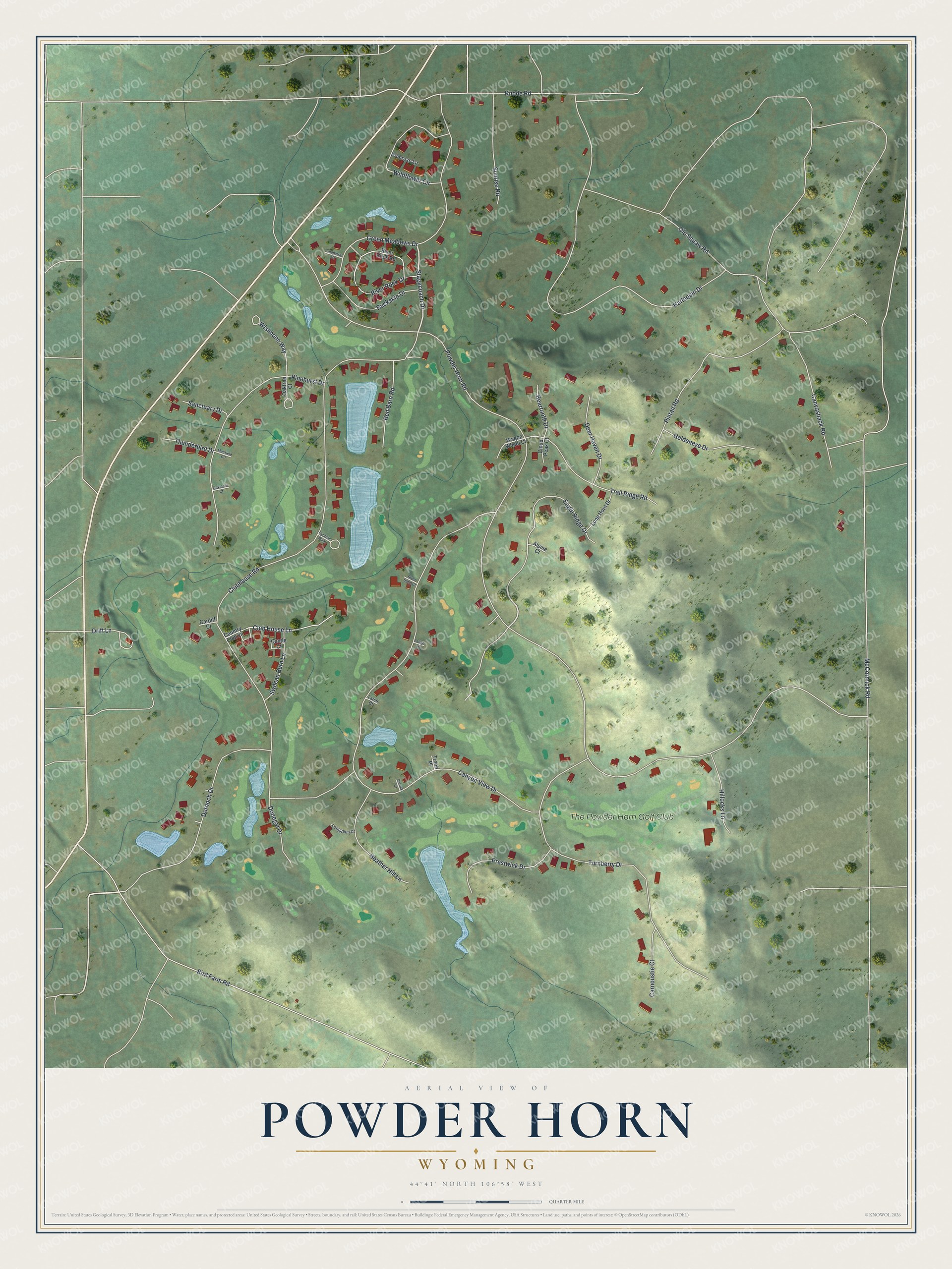 Full map of Powder Horn, Wyoming, with red buildings, printed street names and the land around them