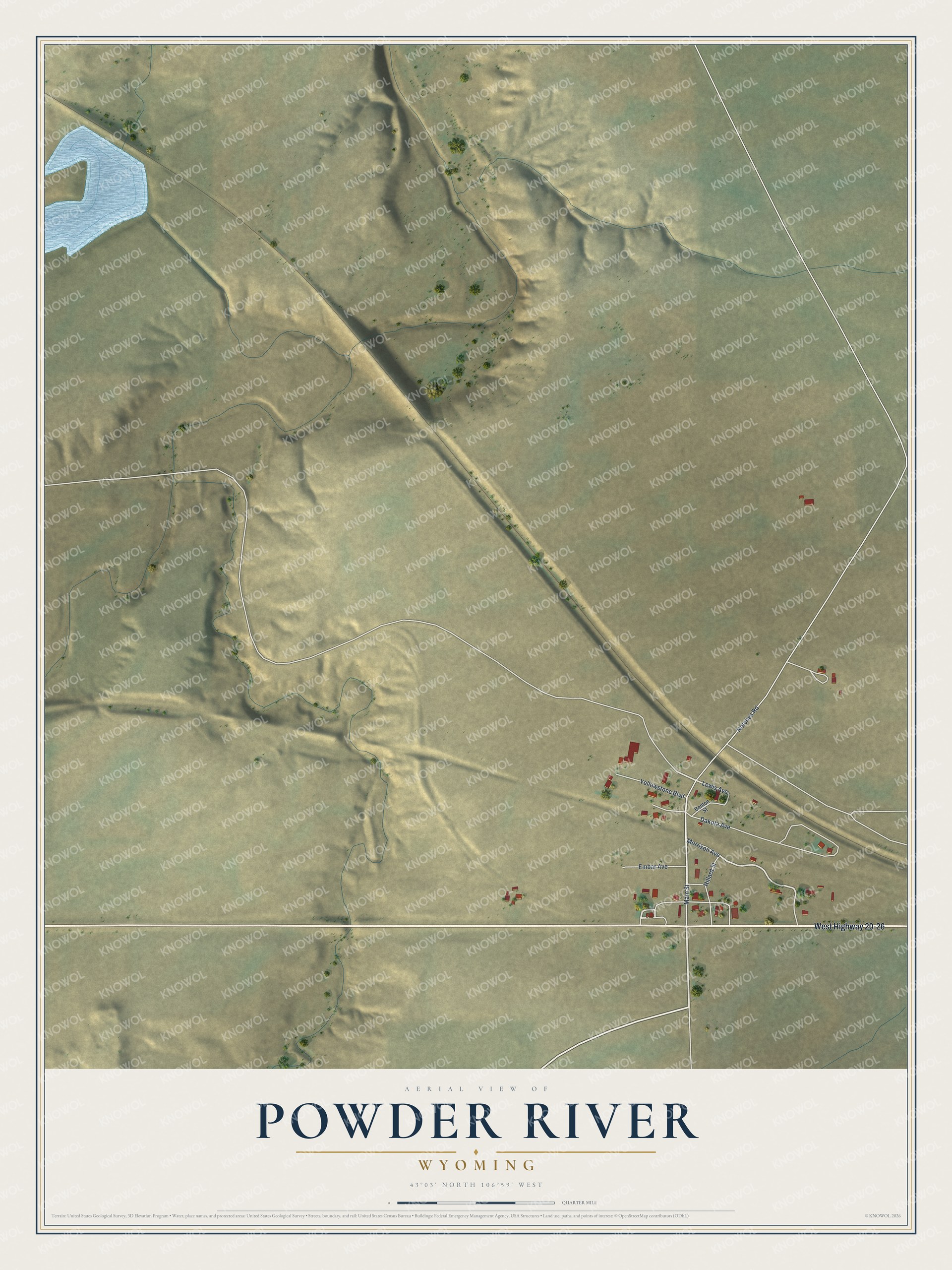 Full map of Powder River, Wyoming, with red buildings, printed street names and the land around them