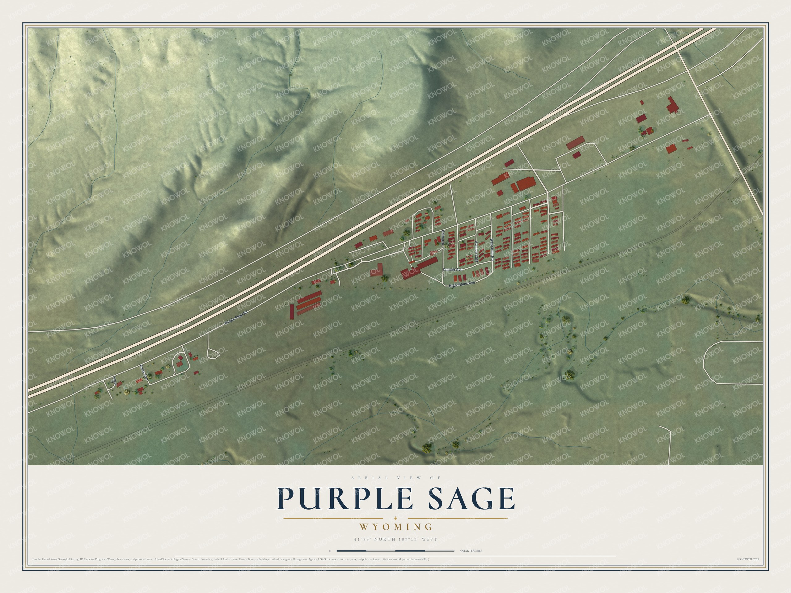 Full map of Purple Sage, Wyoming, with red buildings, printed street names and the land around them