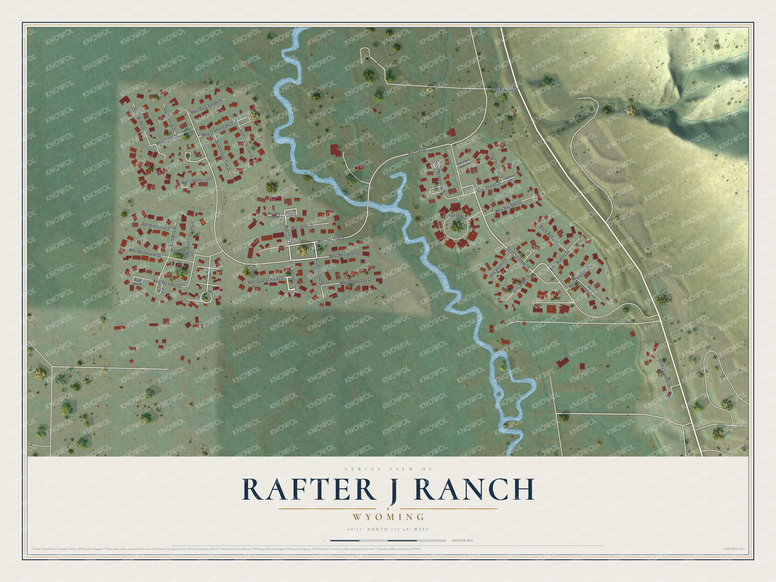 Full map of Rafter J Ranch, Wyoming, with red buildings, printed street names and the land around them