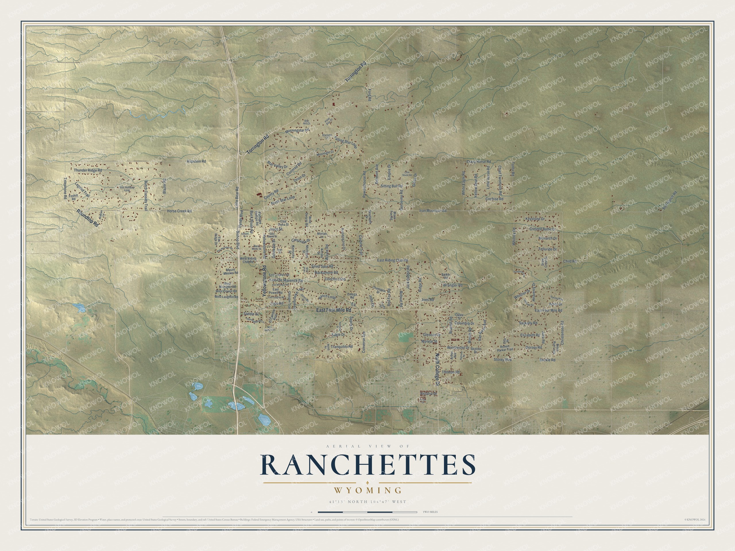 Full map of Ranchettes, Wyoming, with red buildings, printed street names and the land around them
