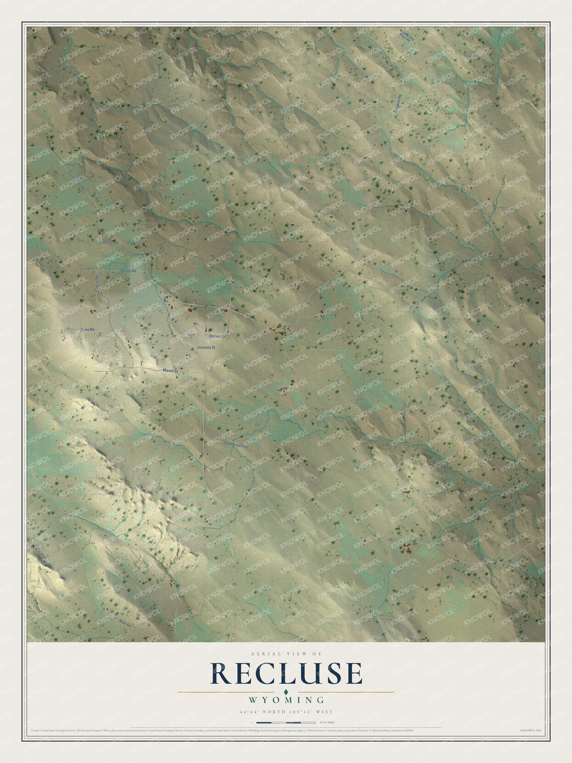 Full map of Recluse, Wyoming, with red buildings, printed street names and the land around them