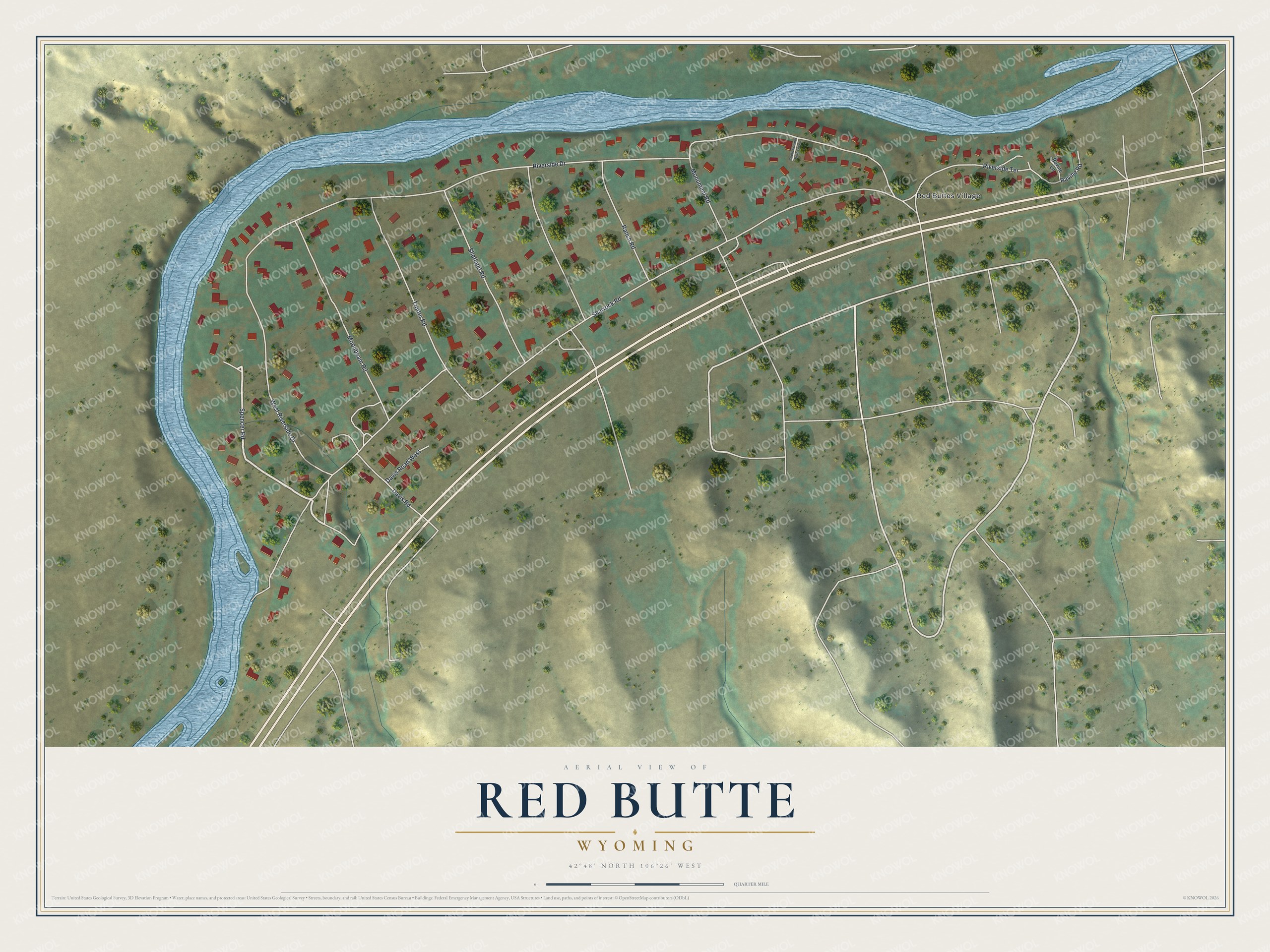 Full map of Red Butte, Wyoming, with red buildings, printed street names and the land around them