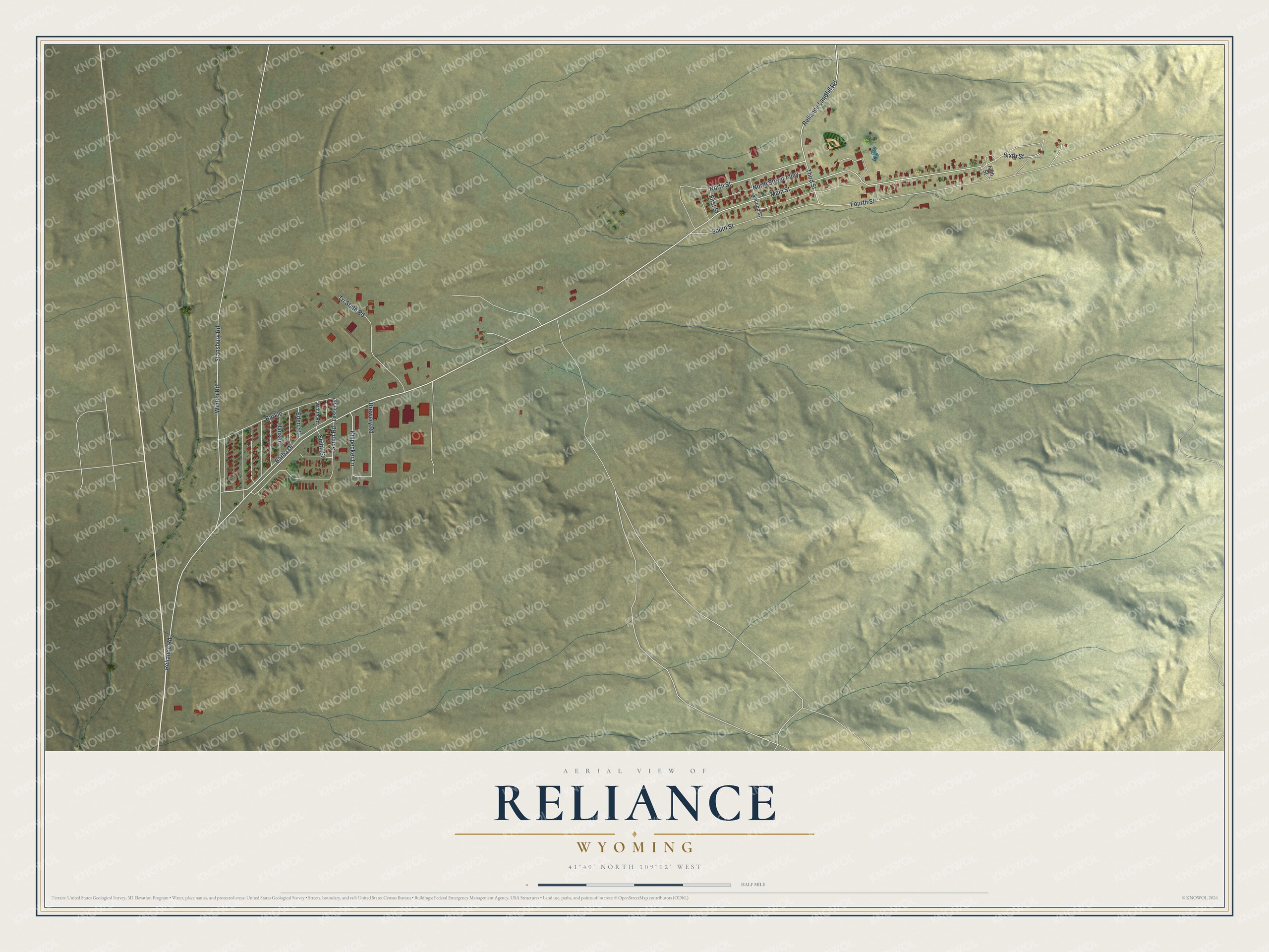 Full map of Reliance, Wyoming, with red buildings, printed street names and the land around them