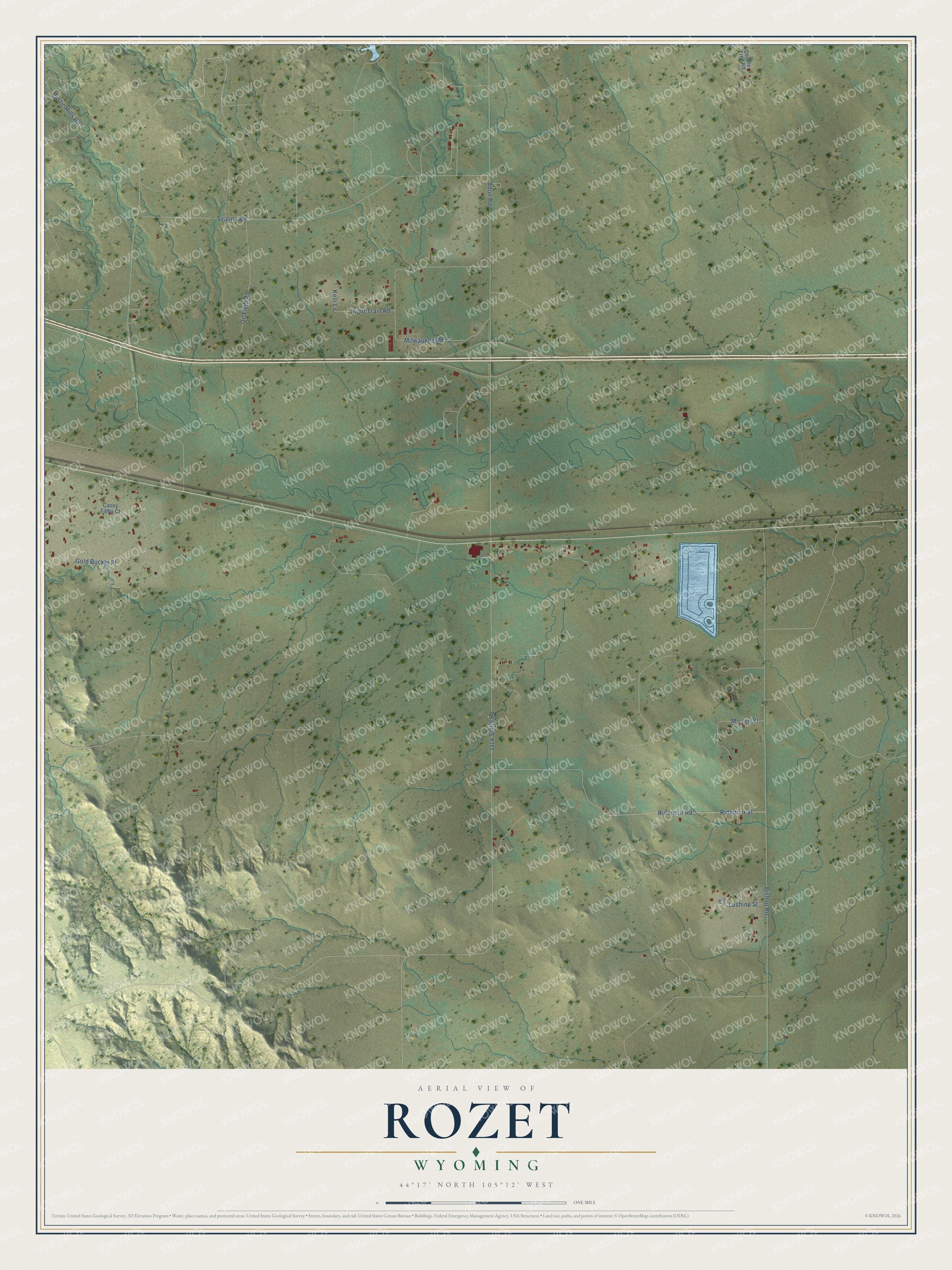 Full map of Rozet, Wyoming, with red buildings, printed street names and the land around them