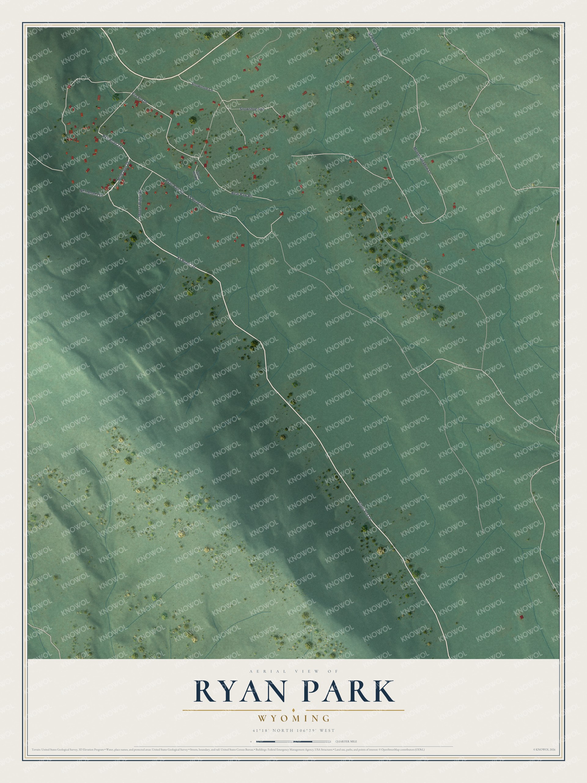 Full map of Ryan Park, Wyoming, with red buildings, printed street names and the land around them