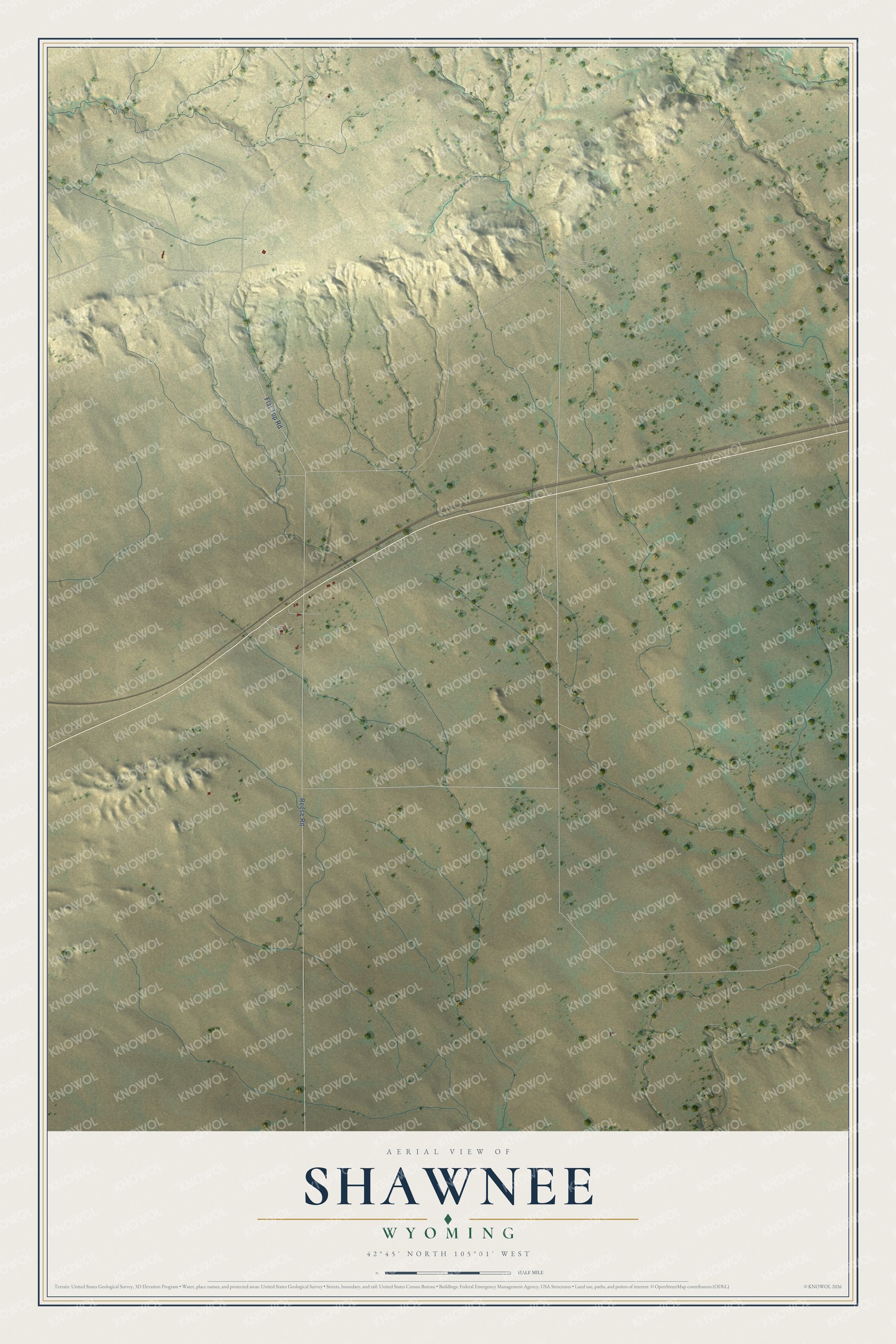 Full map of Shawnee, Wyoming, with red buildings, printed street names and the land around them