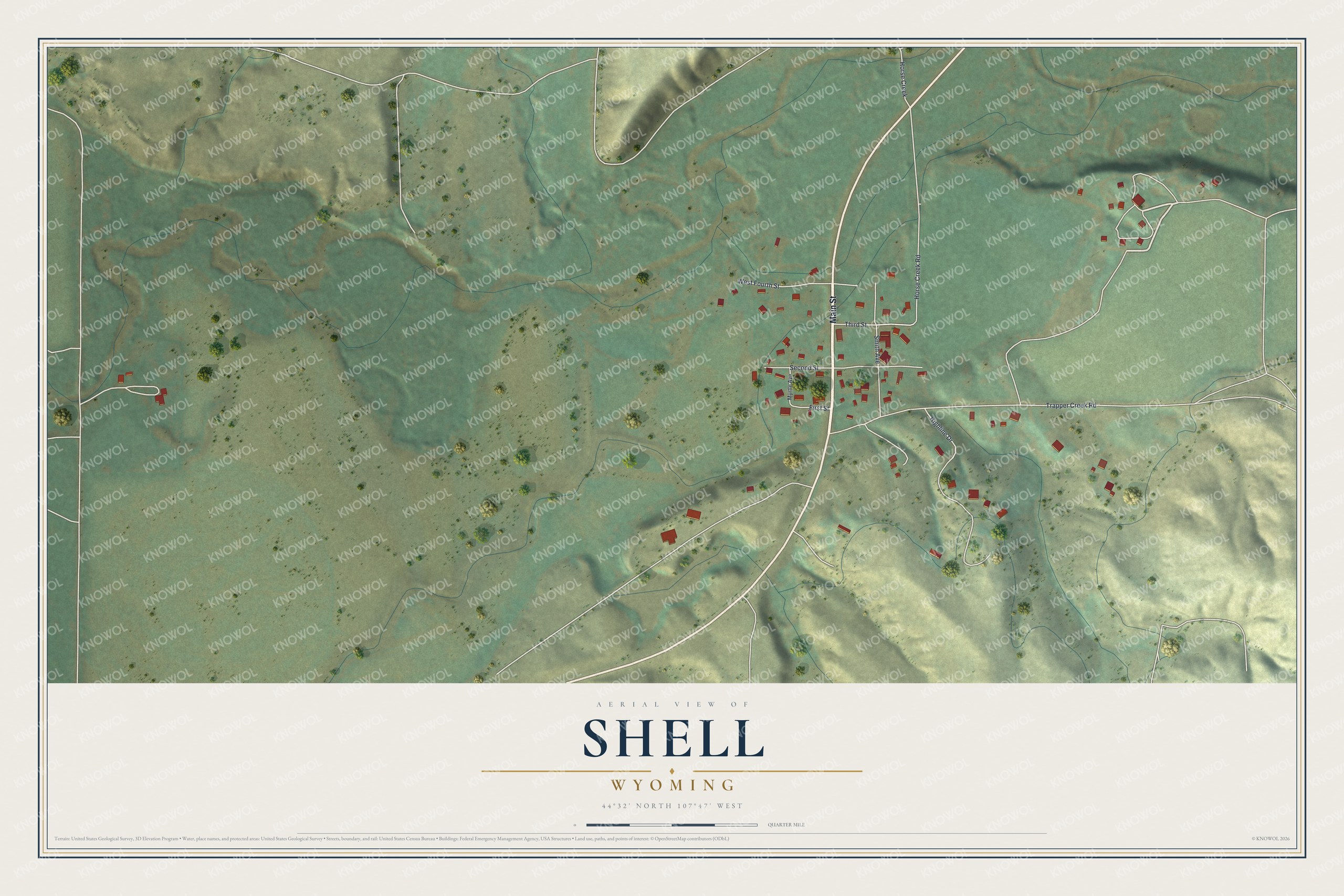Full map of Shell, Wyoming, with red buildings, printed street names and the land around them