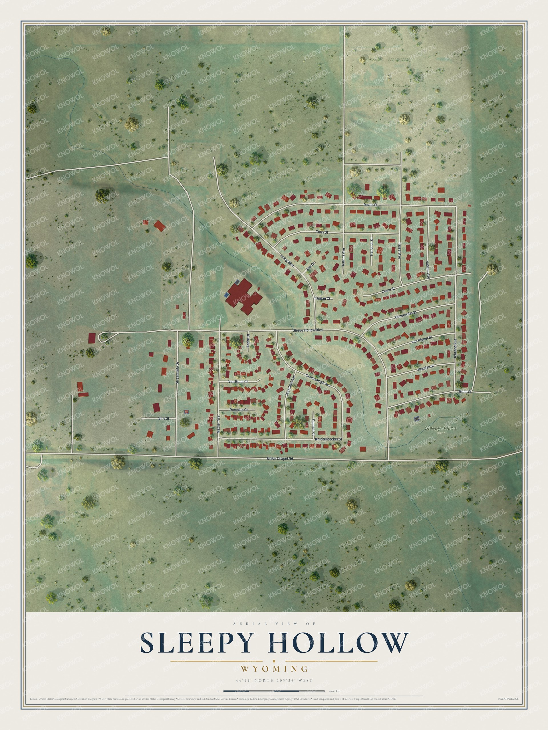 Full map of Sleepy Hollow, Wyoming, with red buildings, printed street names and the land around them