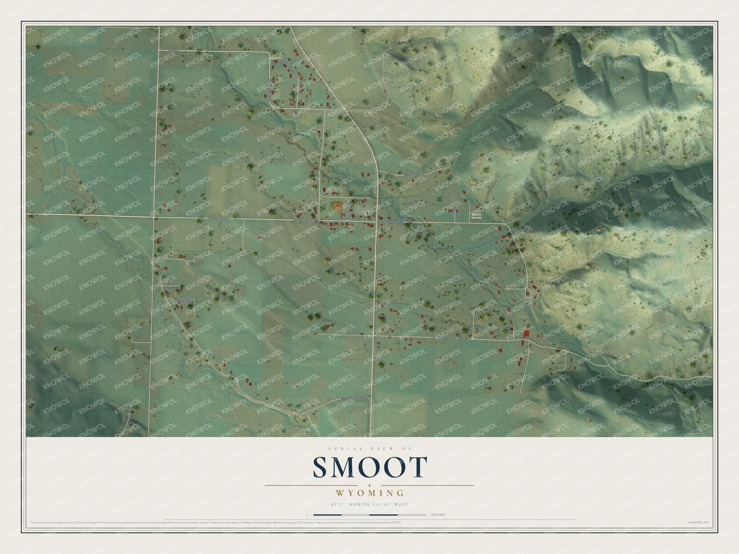 Full map of Smoot, Wyoming, with red buildings, printed street names and the land around them