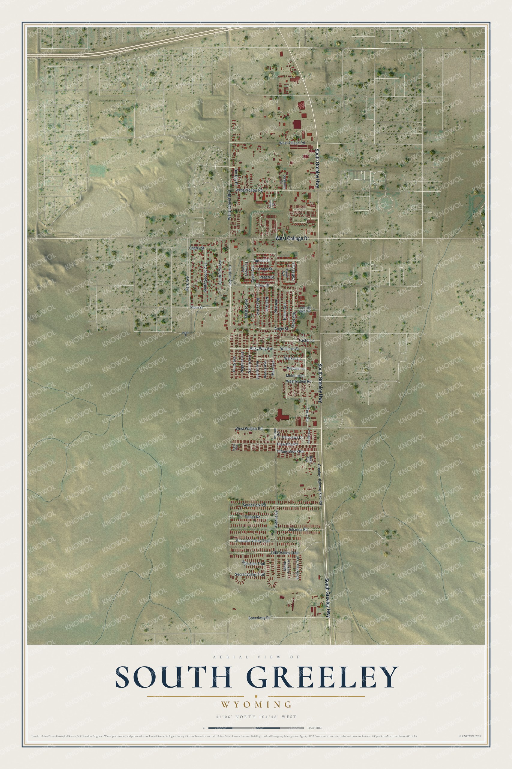 Full map of South Greeley, Wyoming, with red buildings, printed street names and the land around them