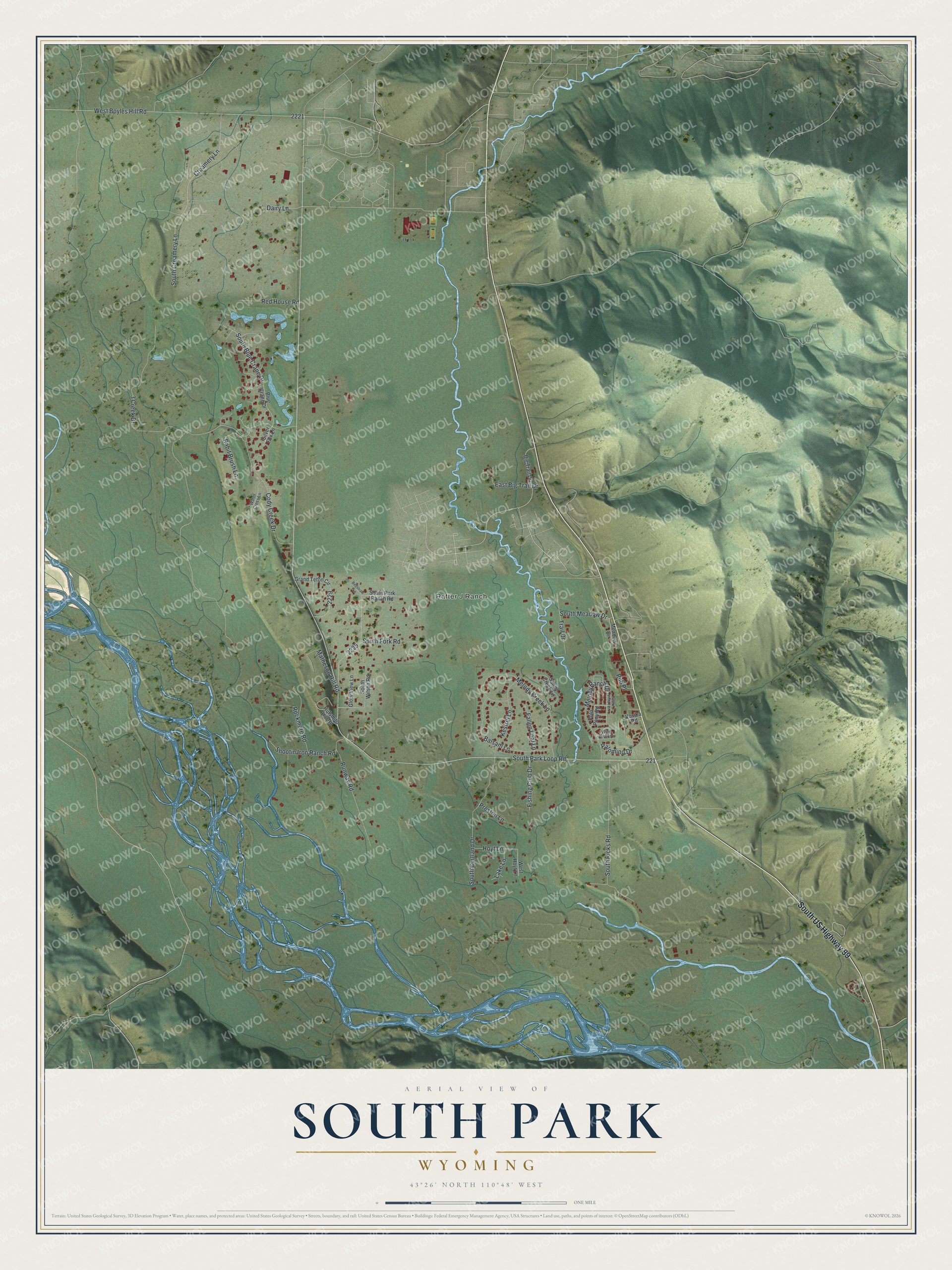 Full map of South Park, Wyoming, with red buildings, printed street names and the land around them