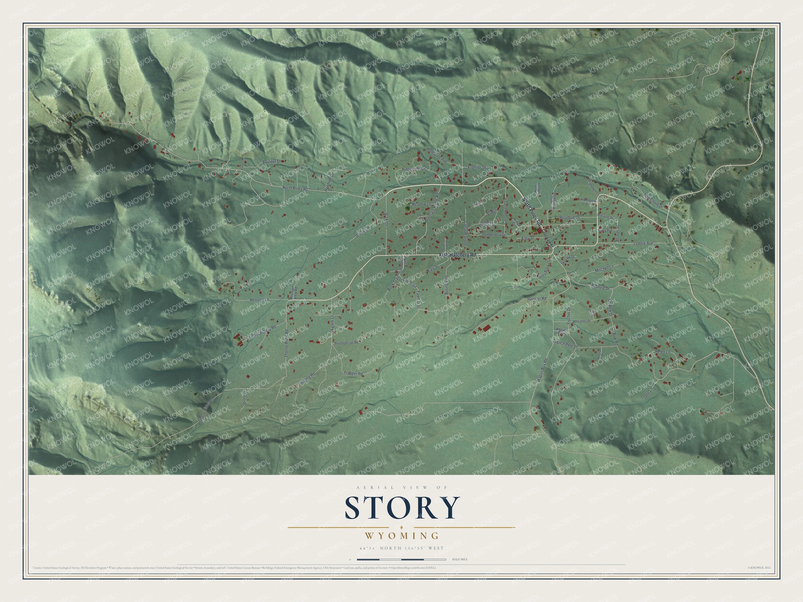 Full map of Story, Wyoming, with red buildings, printed street names and the land around them