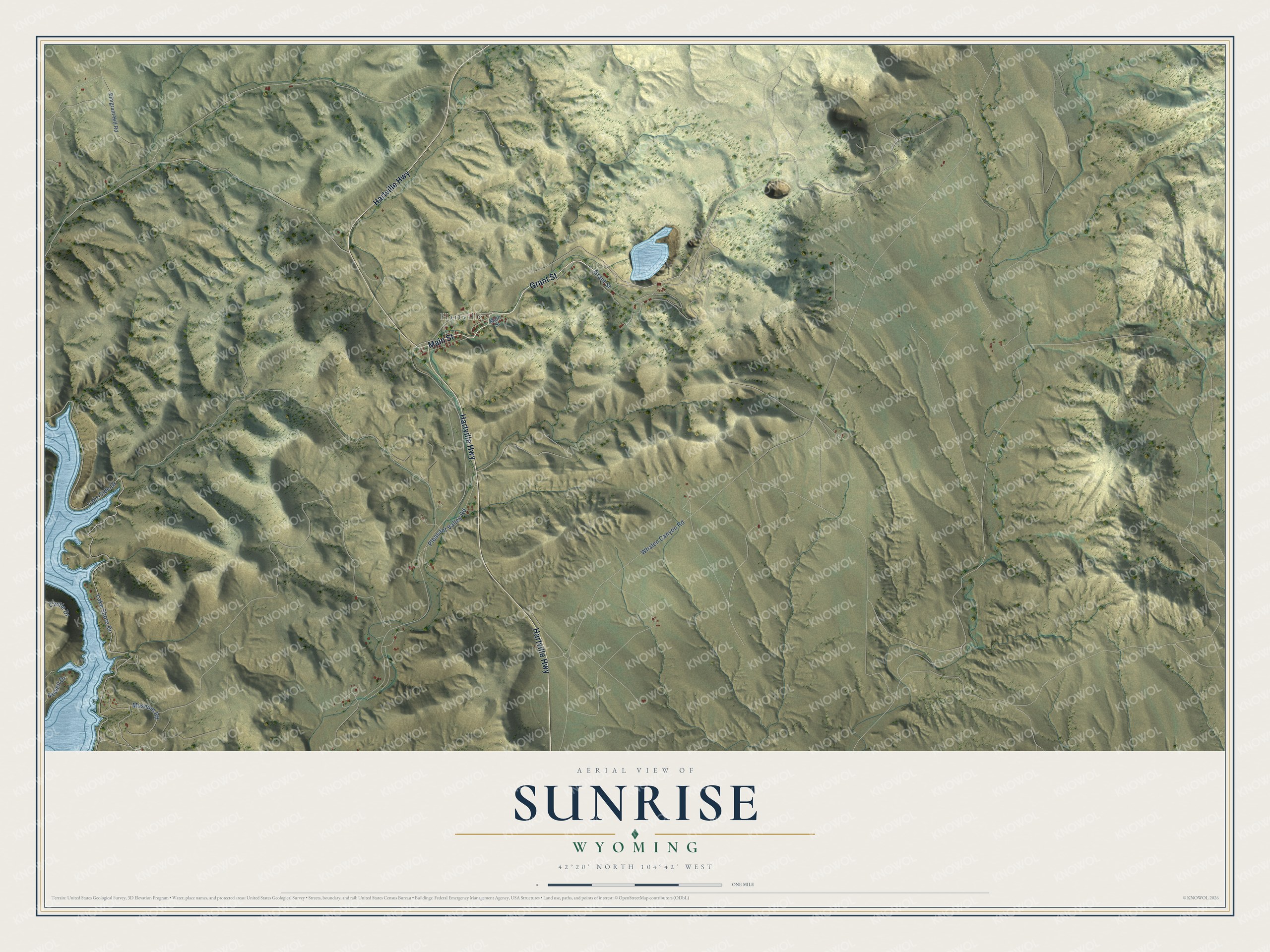 Full map of Sunrise, Wyoming, with red buildings, printed street names and the land around them