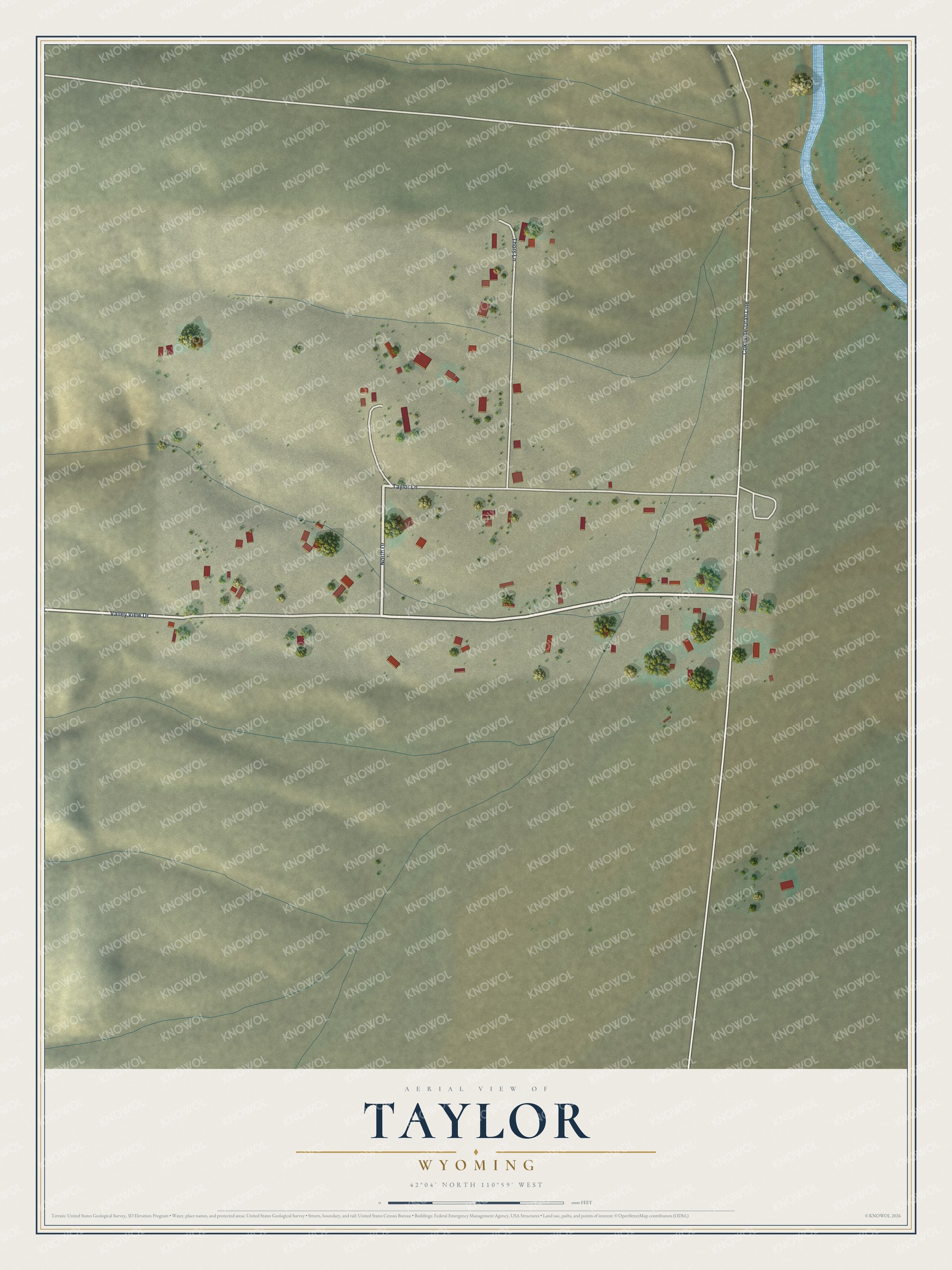 Full map of Taylor, Wyoming, with red buildings, printed street names and the land around them