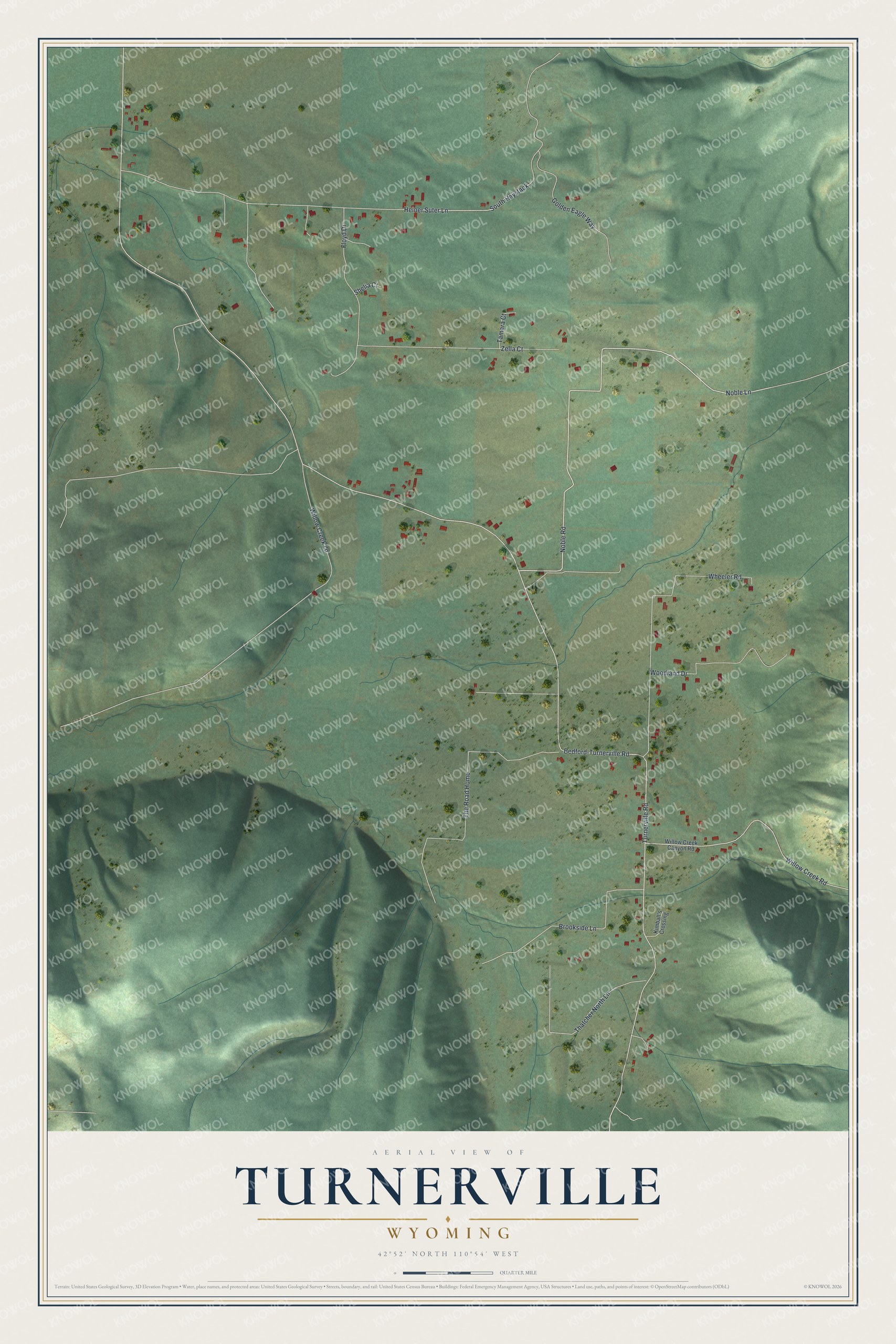 Full map of Turnerville, Wyoming, with red buildings, printed street names and the land around them