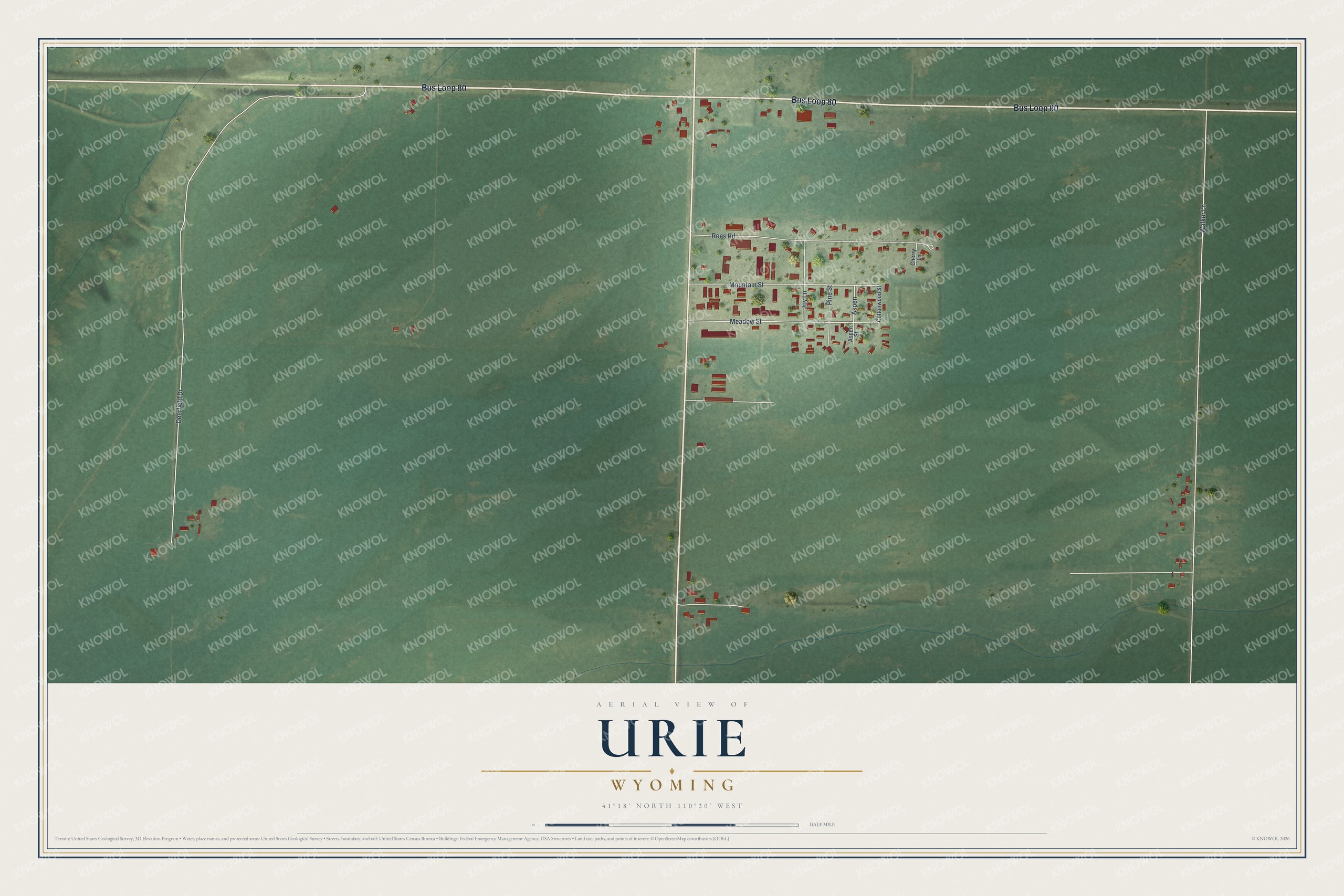 Full map of Urie, Wyoming, with red buildings, printed street names and the land around them