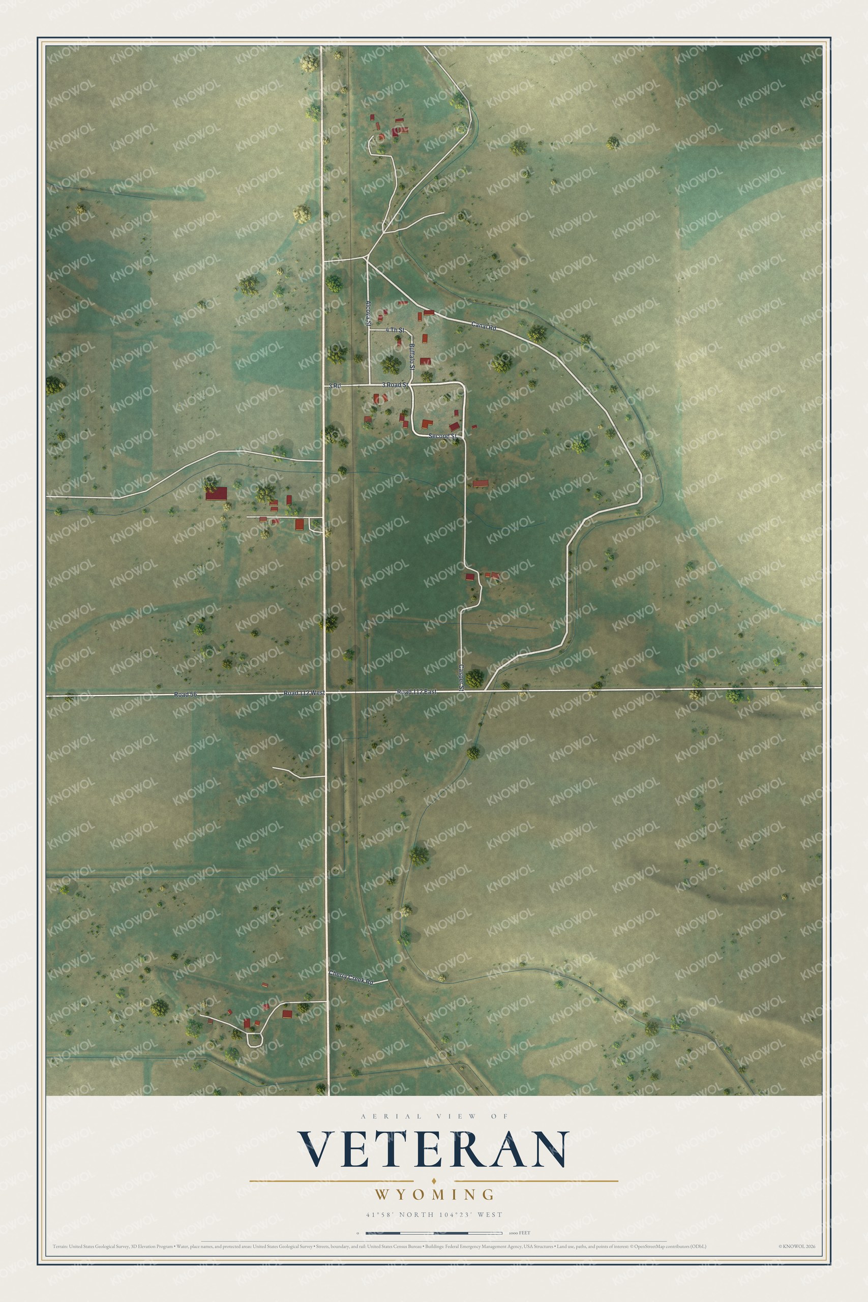 Full map of Veteran, Wyoming, with red buildings, printed street names and the land around them