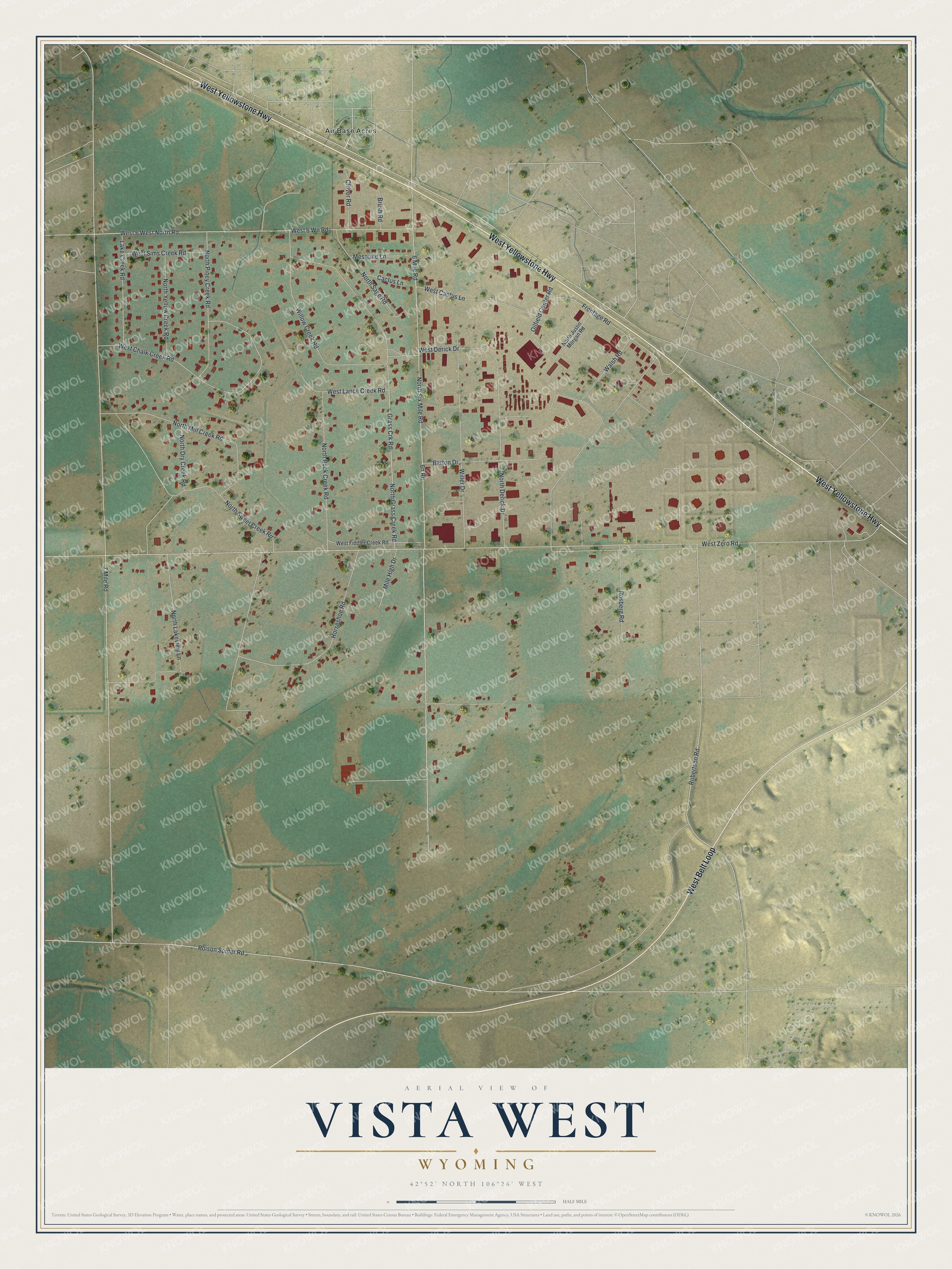 Full map of Vista West, Wyoming, with red buildings, printed street names and the land around them