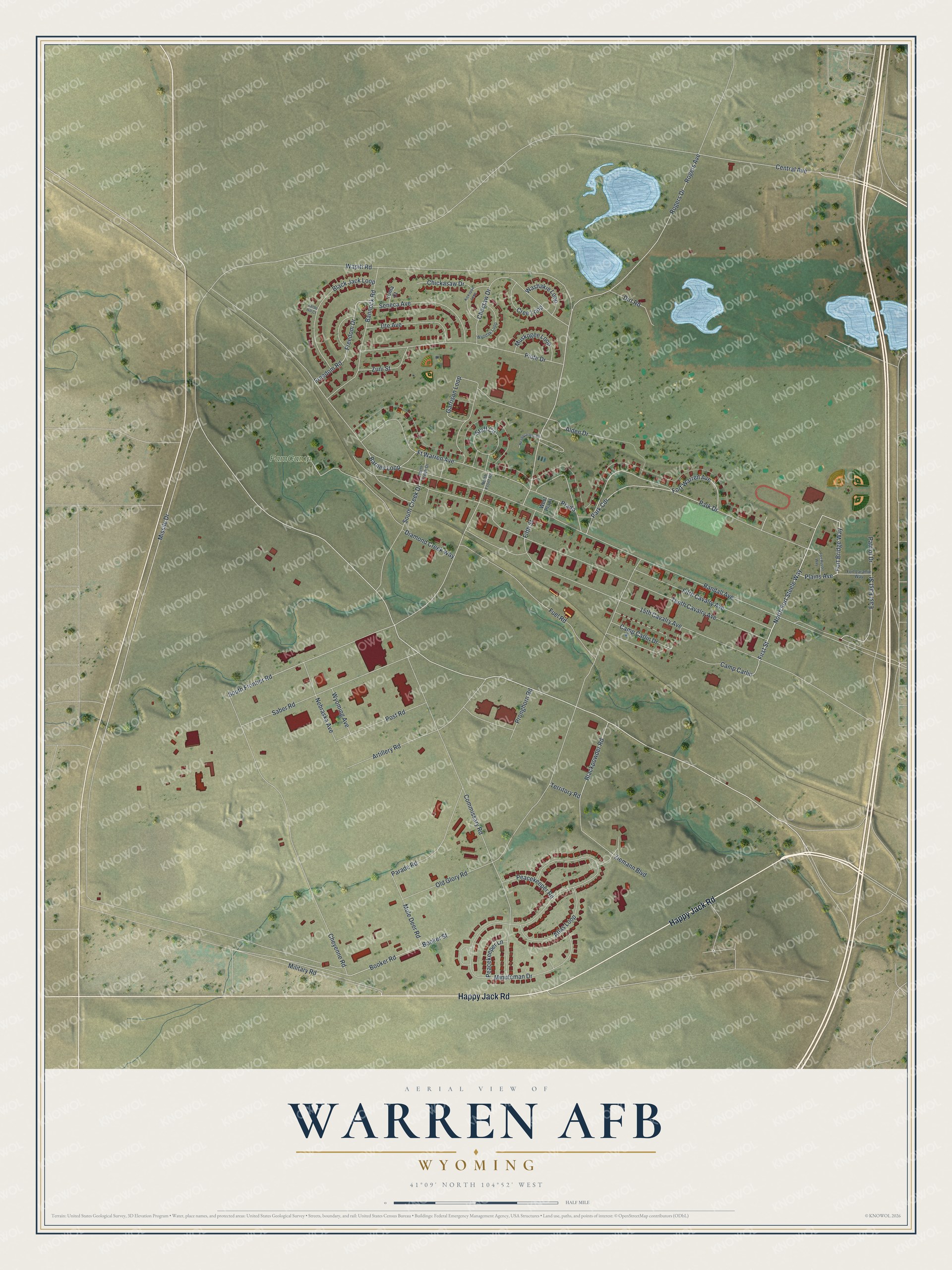 Full map of Warren AFB, Wyoming, with red buildings, printed street names and the land around them