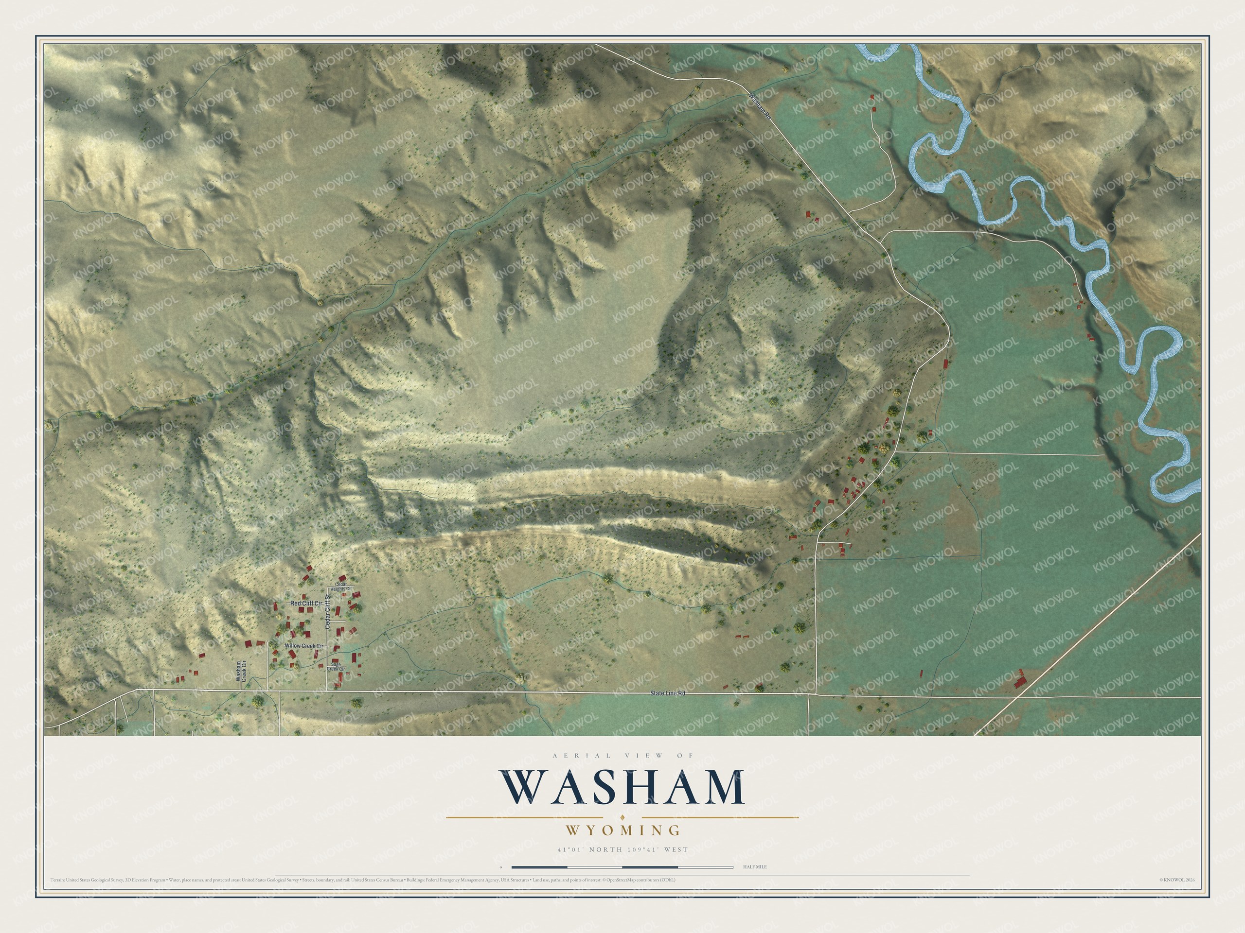Full map of Washam, Wyoming, with red buildings, printed street names and the land around them