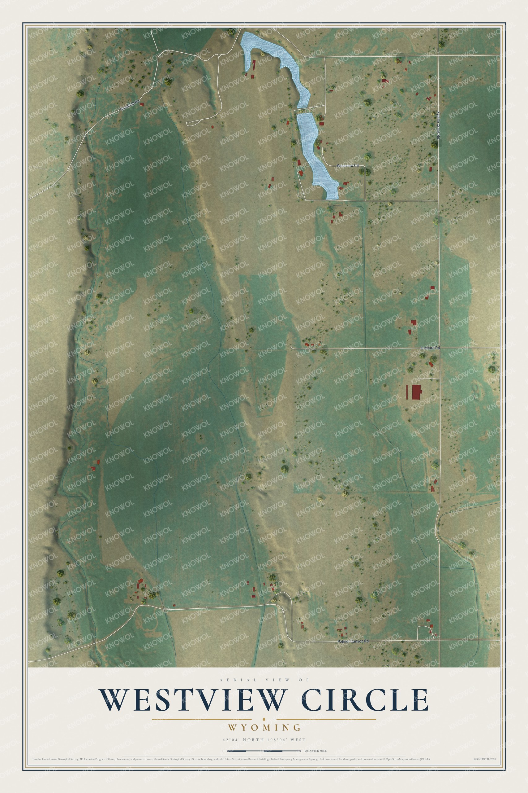 Full map of Westview Circle, Wyoming, with red buildings, printed street names and the land around them