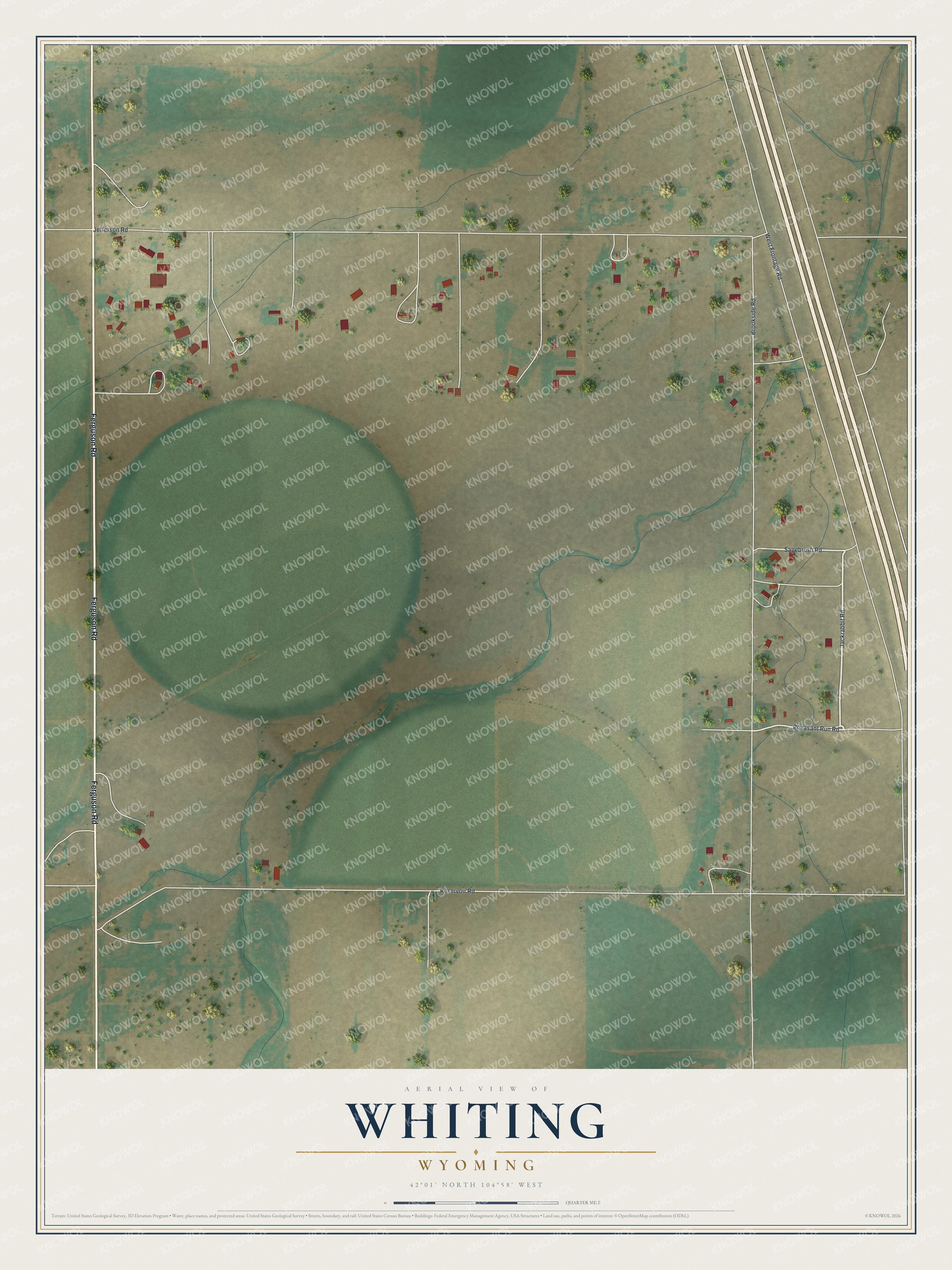 Full map of Whiting, Wyoming, with red buildings, printed street names and the land around them