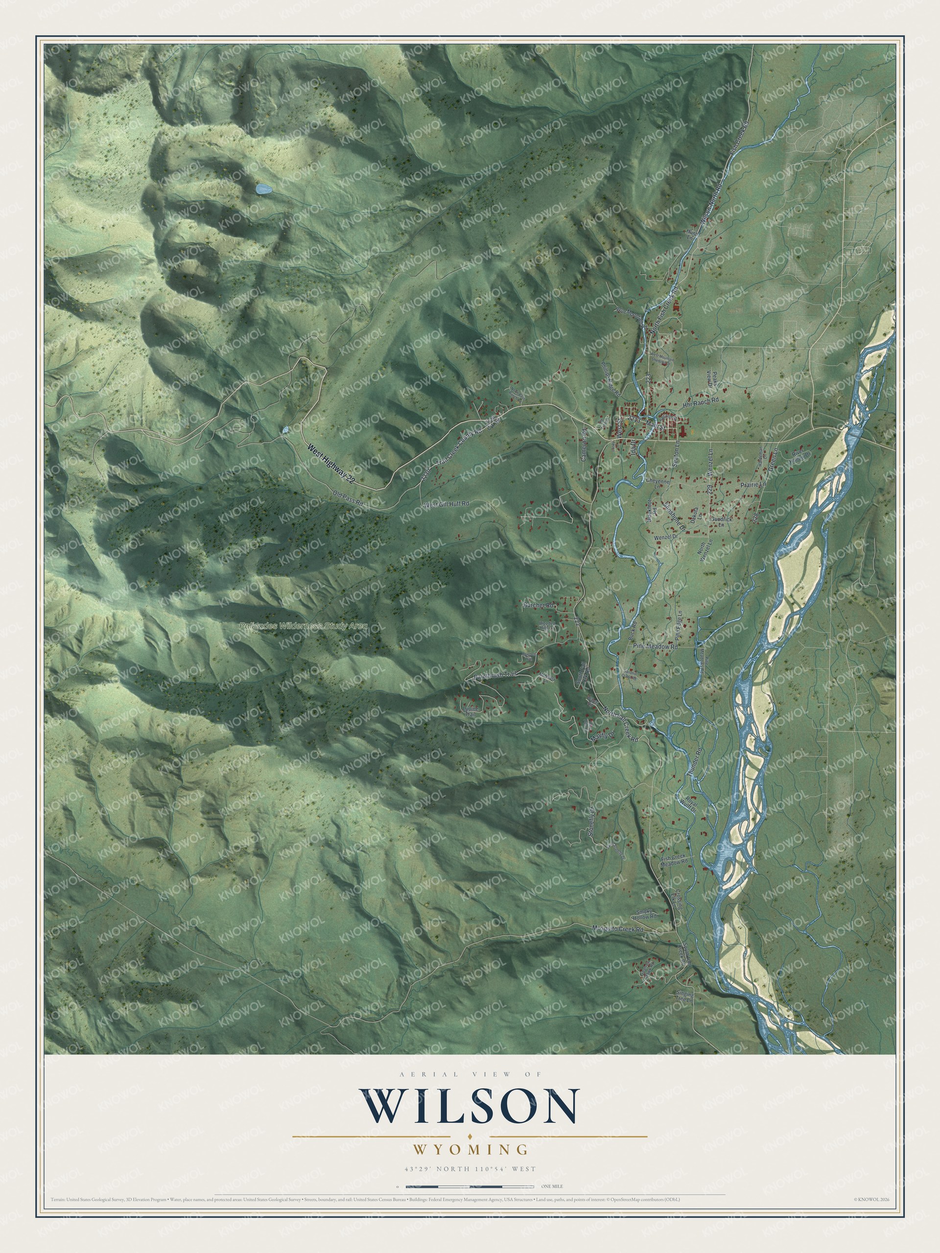 Full map of Wilson, Wyoming, with red buildings, printed street names and the land around them
