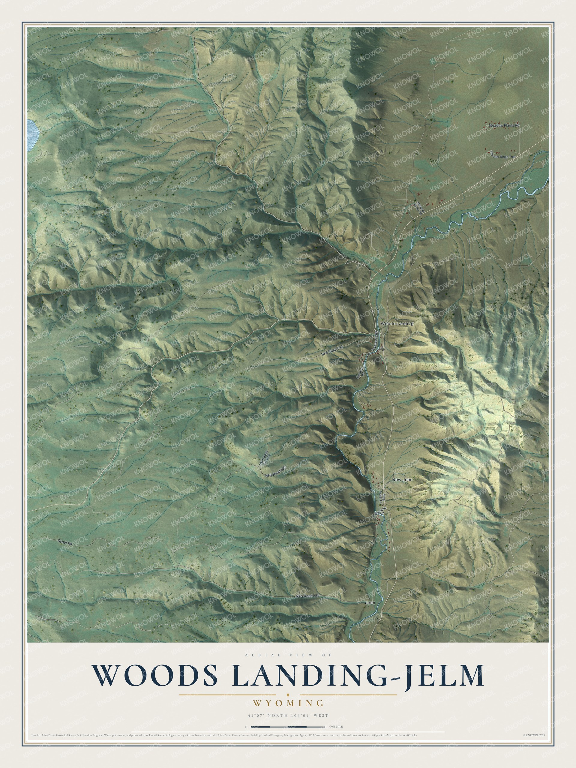 Full map of Woods Landing-Jelm, Wyoming, with red buildings, printed street names and the land around them