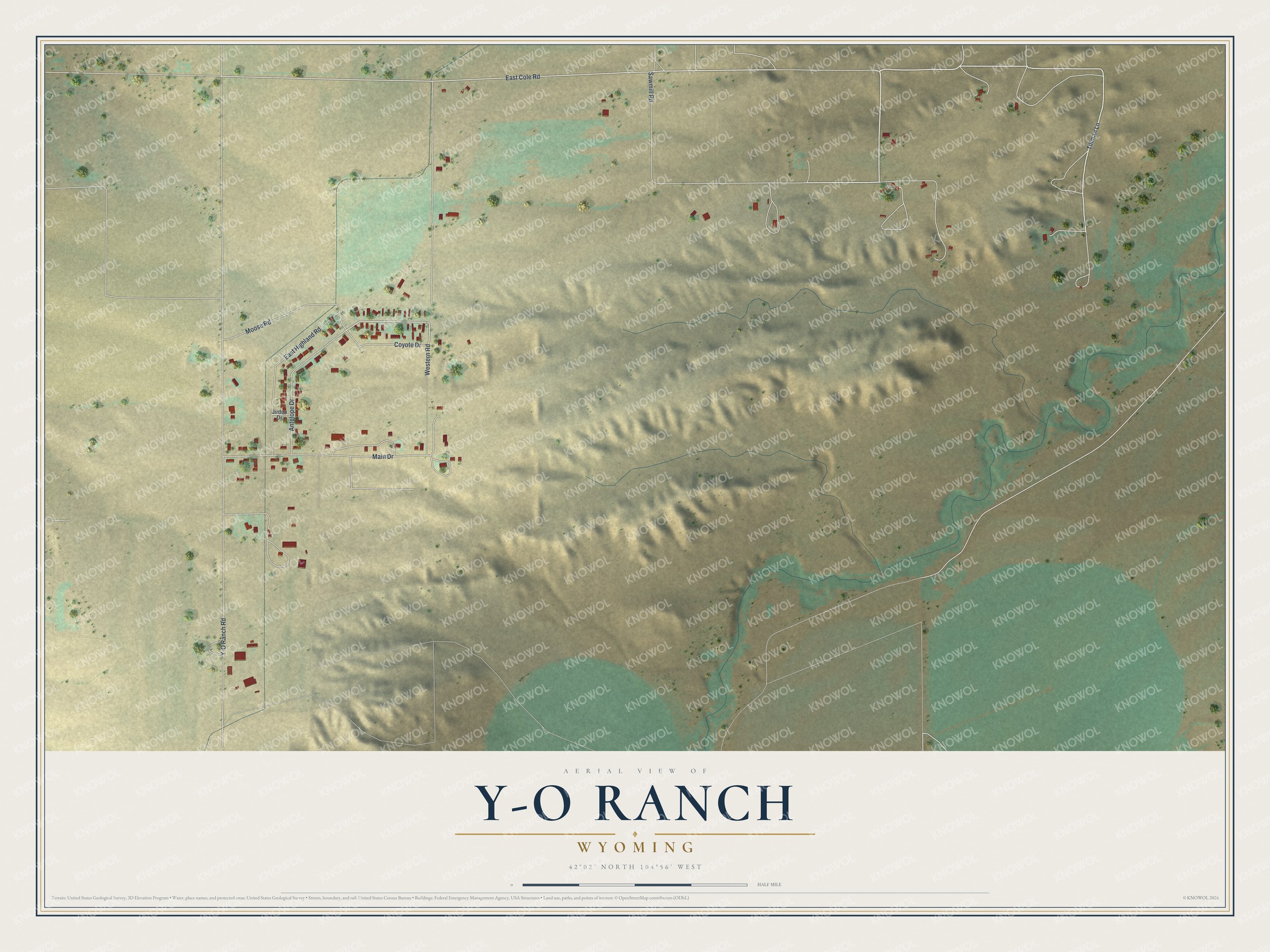 Full map of Y-O Ranch, Wyoming, with red buildings, printed street names and the land around them