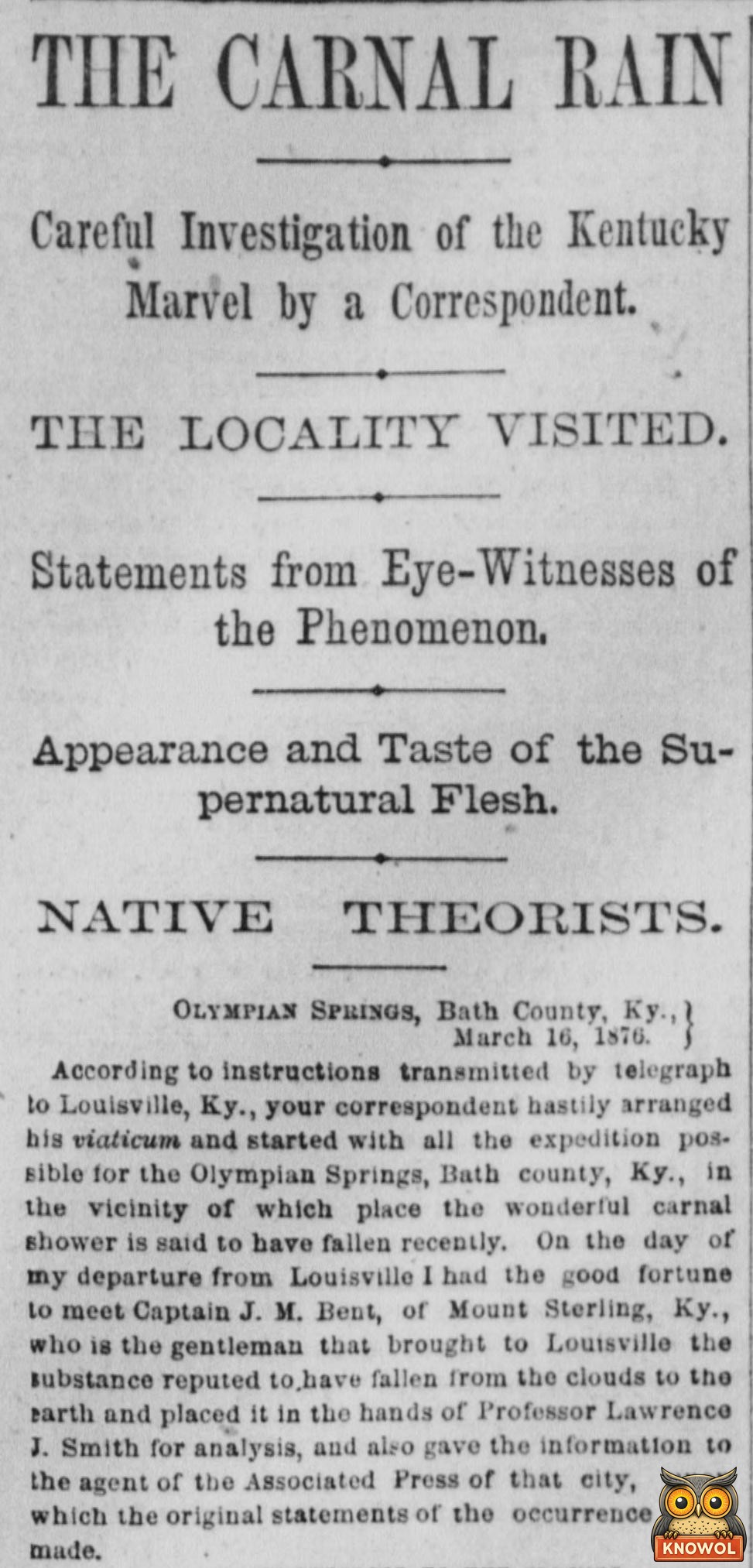 1876 New York Herald headline The Carnal Rain, with subheads about eye-witnesses and the appearance and taste of the flesh
