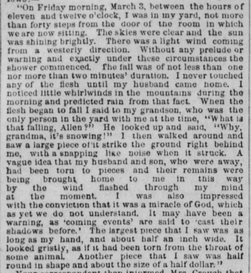 Mrs. Crouch's 1876 statement about the shower, including her grandson saying Why, grandma, it's snowing