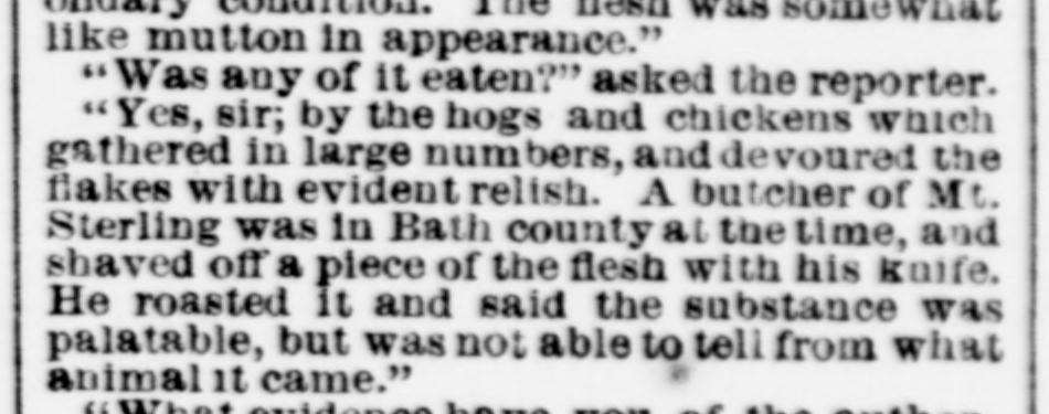 1876 newspaper lines saying a Mount Sterling butcher roasted a piece of the flesh and found it palatable