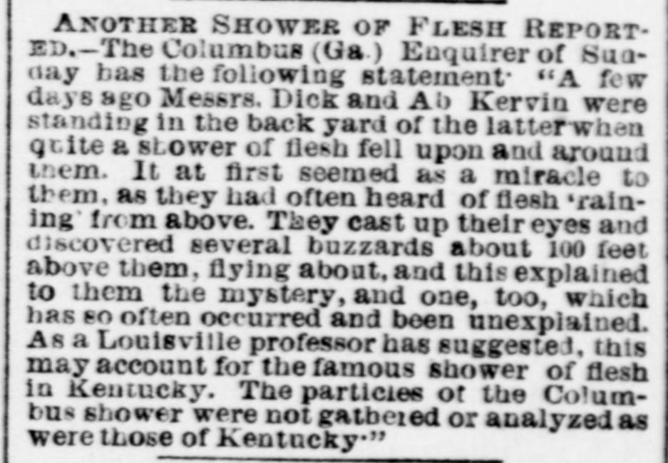 1876 item headlined Another Shower of Flesh Reported, about buzzards over a back yard in Columbus, Georgia