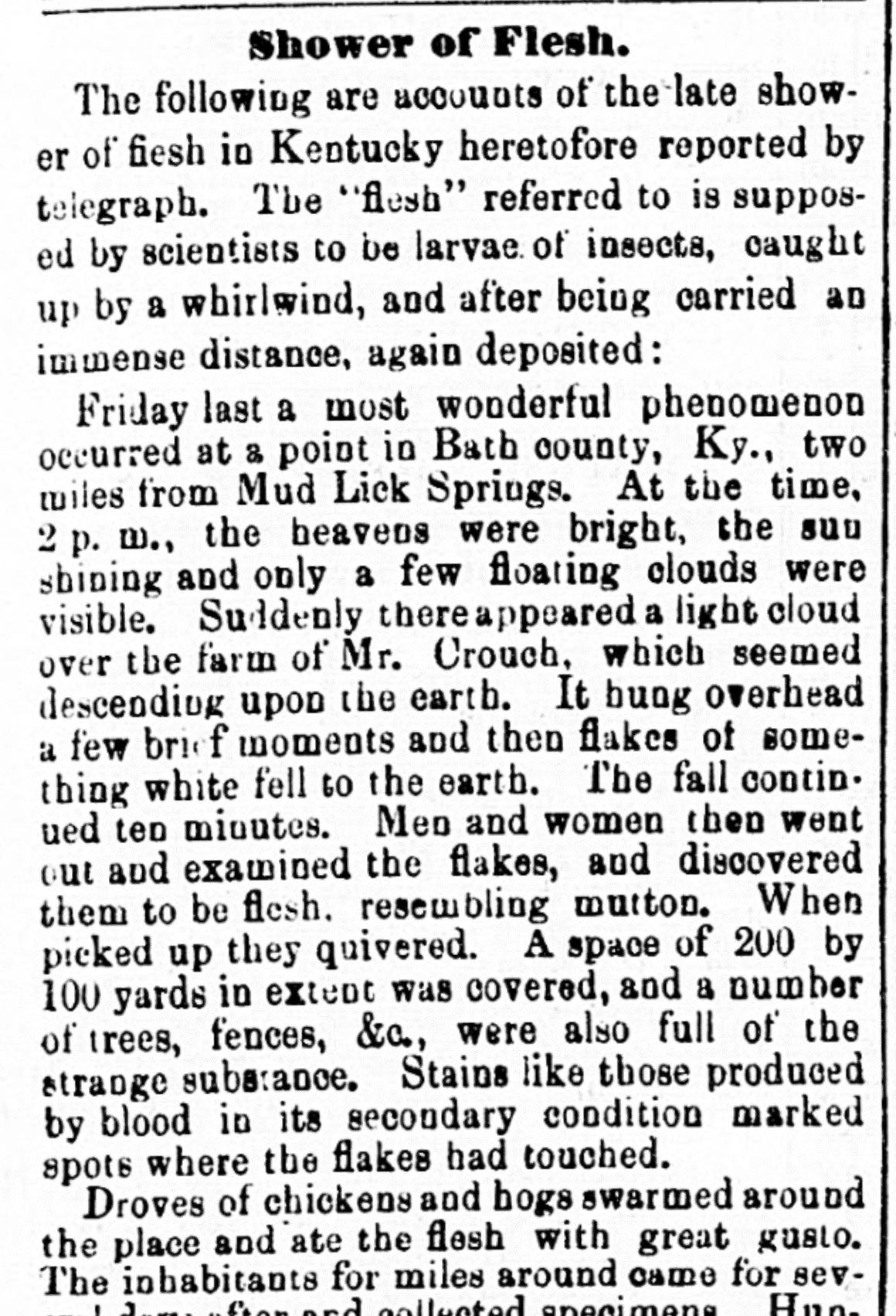 1876 news item headlined Shower of Flesh describing flakes like mutton falling on Mr. Crouch's farm in Bath County, Kentucky