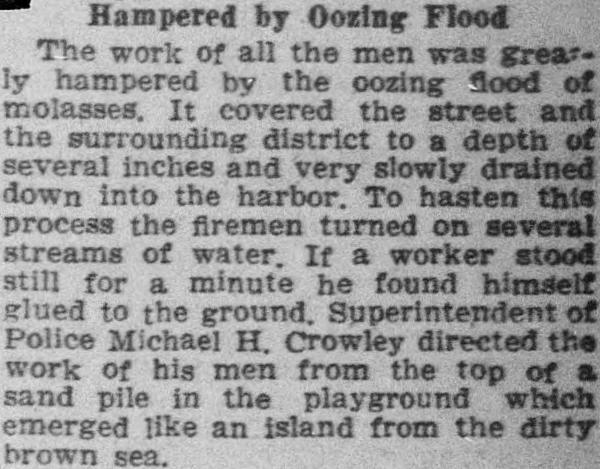 1919 newspaper paragraph headed Hampered by Oozing Flood, saying a worker who stood still for a minute was glued to the ground